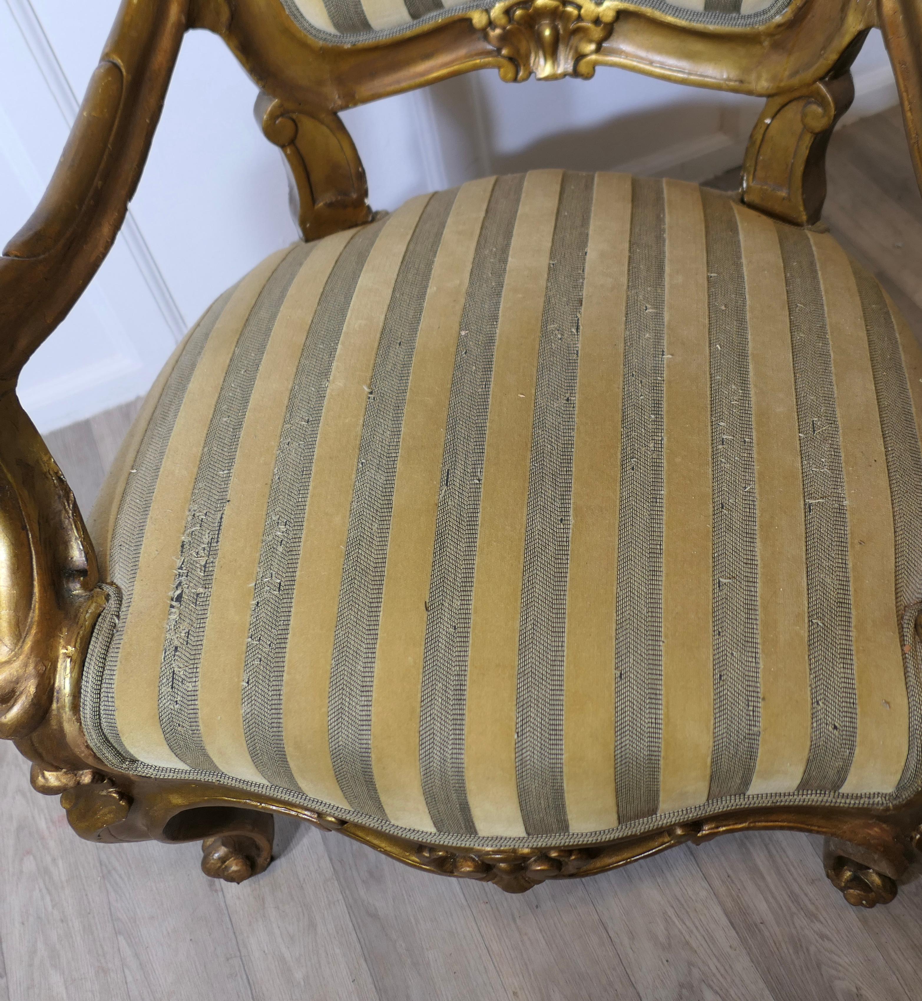 Pareja de grandes sillones italianos de madera dorada tallada  Estos son  sillones grandes Madera dorada en venta