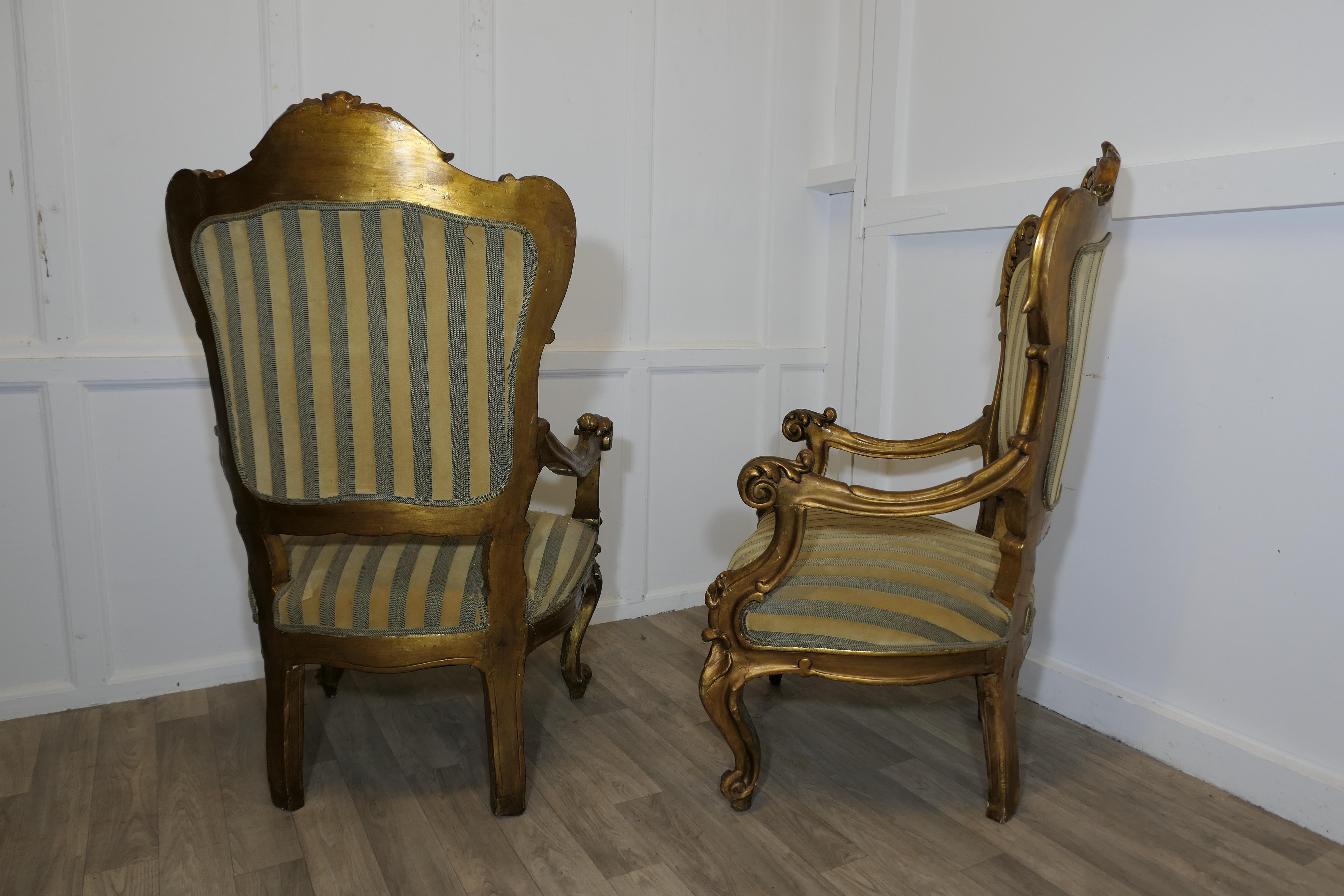 Pareja de grandes sillones italianos de madera dorada tallada  Estos son  sillones grandes en venta 3