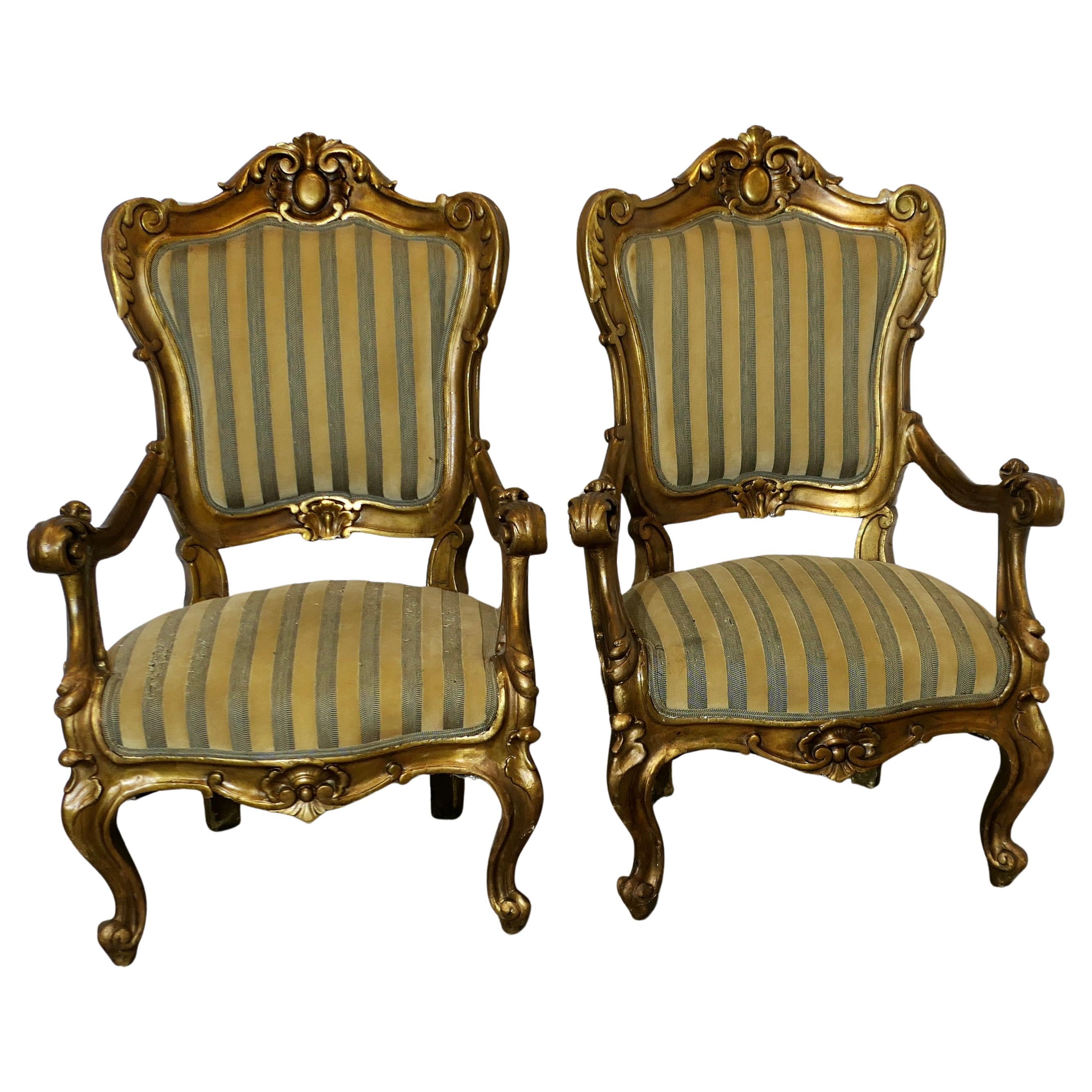 A Pair of Large Italian Carved GiltWood Arm Chairs  These are  large arm chairs