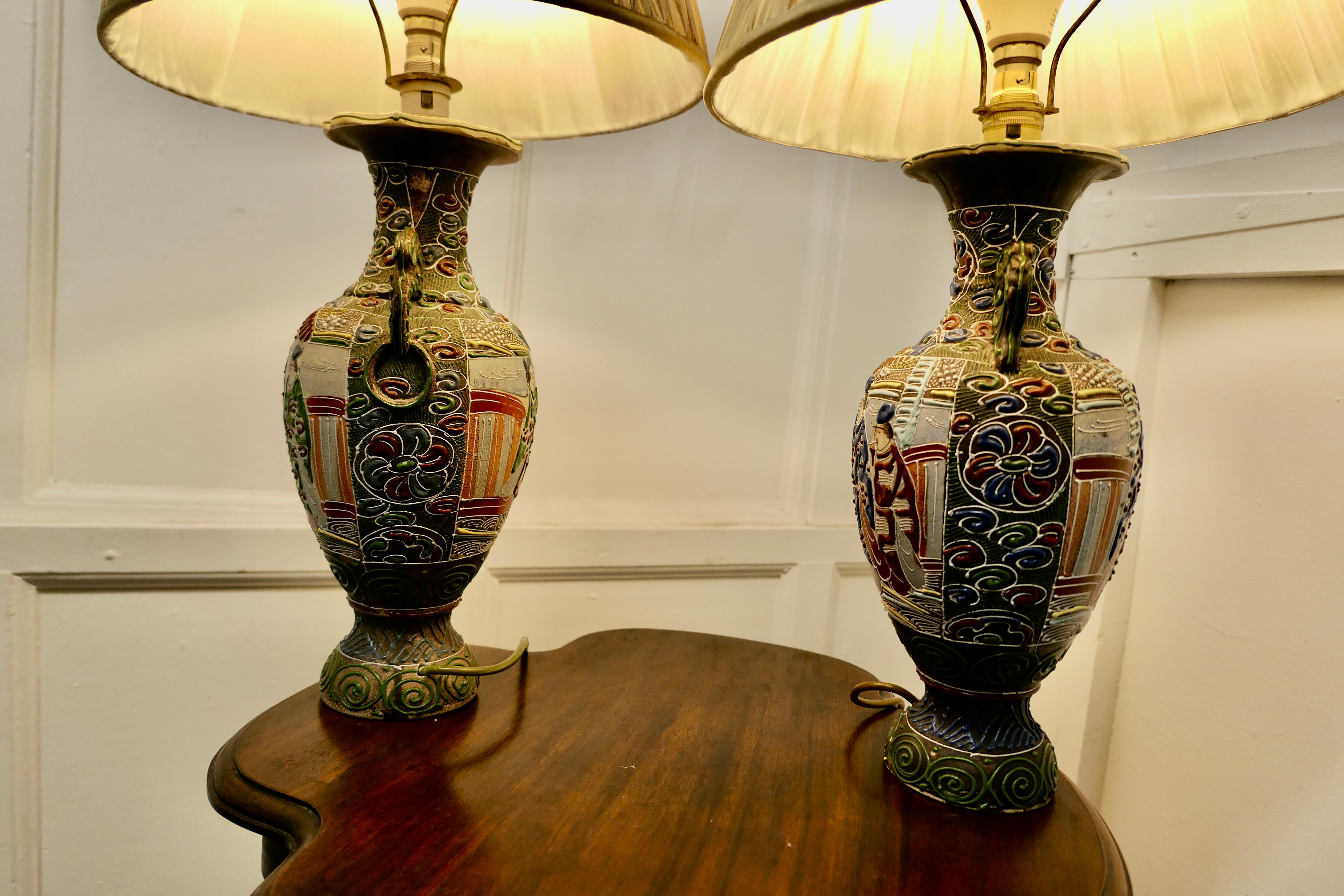 A Pair of Large Japanese Satsuma Lamps  Japanese Moriage Satsuma For Sale 5