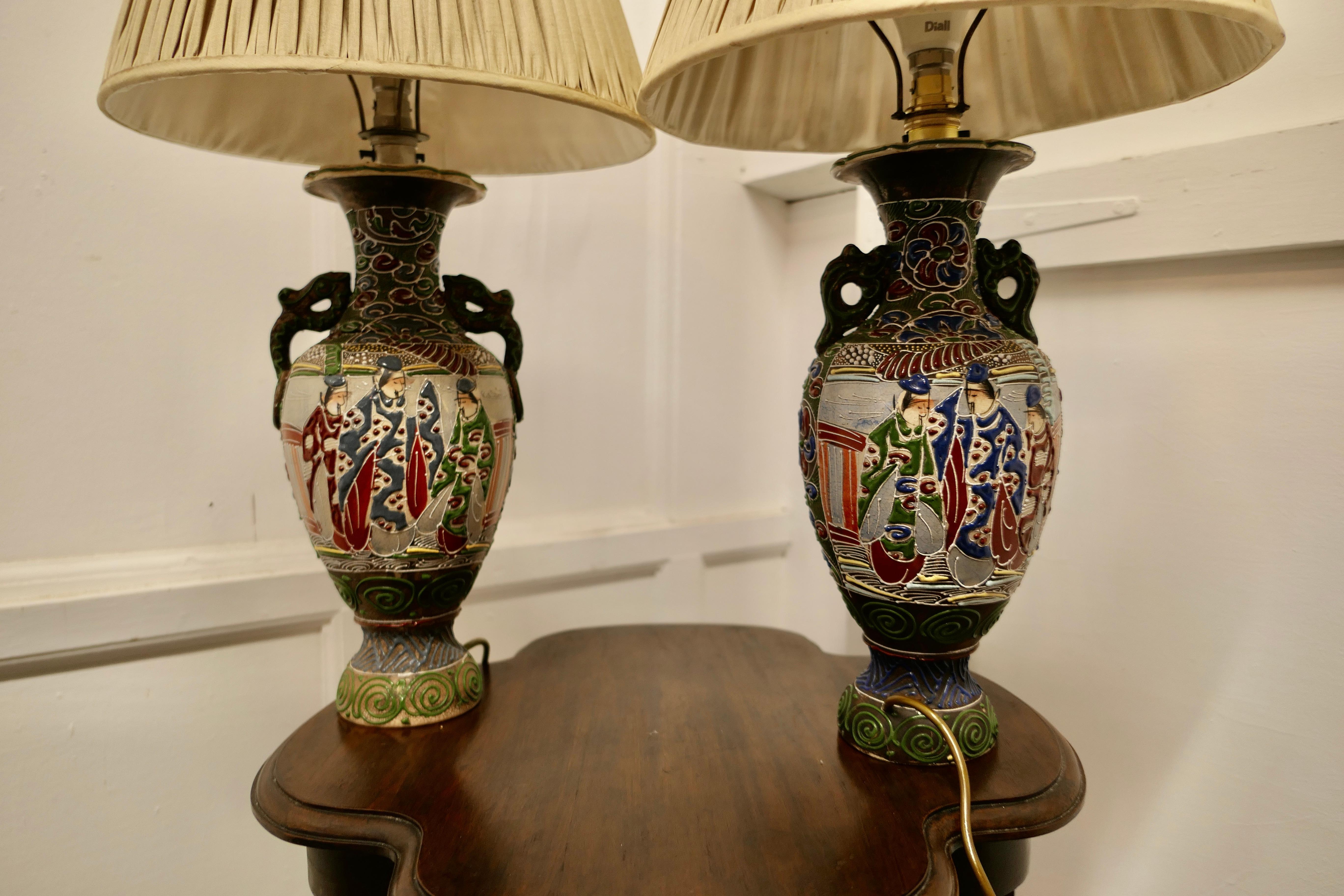 A Pair of Large Japanese Satsuma Lamps  Japanese Moriage Satsuma In Good Condition For Sale In Chillerton, Isle of Wight