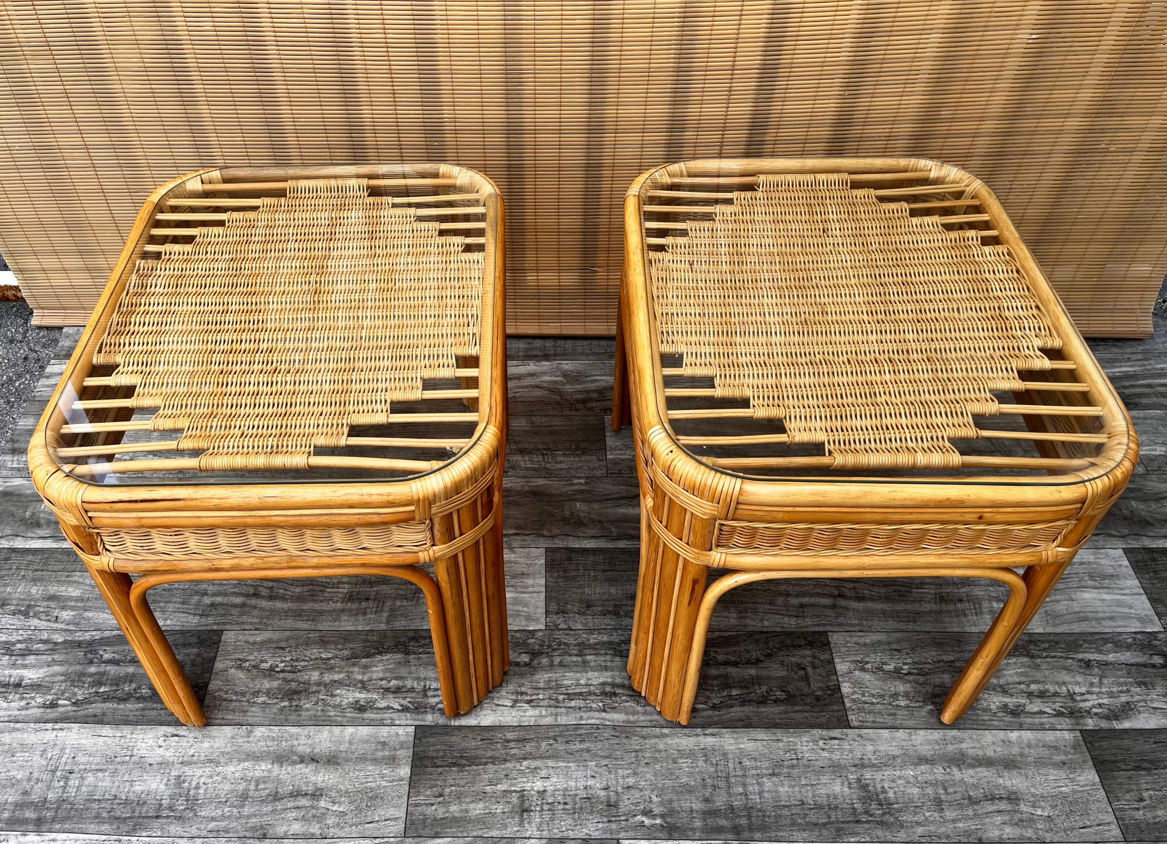 Bohemian Pair of Large Late 20th Century Coastal Style Weaved Rattan Side Tables For Sale