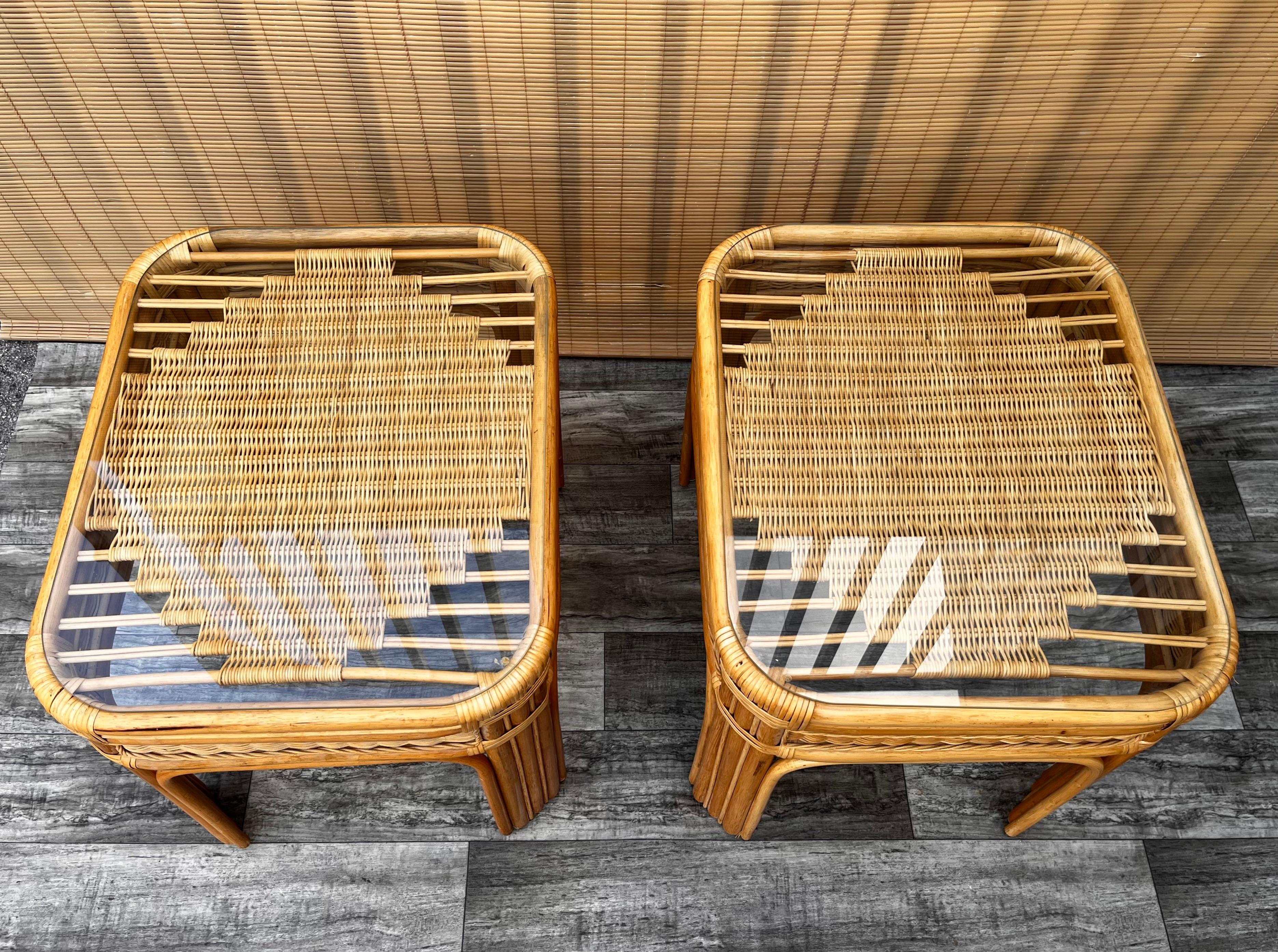 Unknown Pair of Large Late 20th Century Coastal Style Weaved Rattan Side Tables For Sale