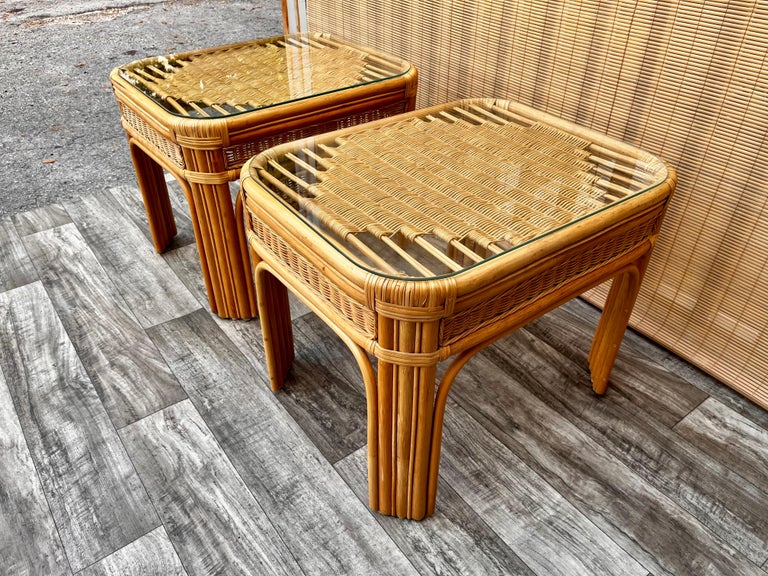 Late Table Pair of Large Late 20th Century Coastal Style Weaved Rattan Side Tables ...