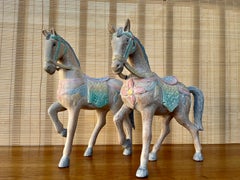Pair of Large Late 20th Century Thai Hand Carved Wooden Horse Sculptures