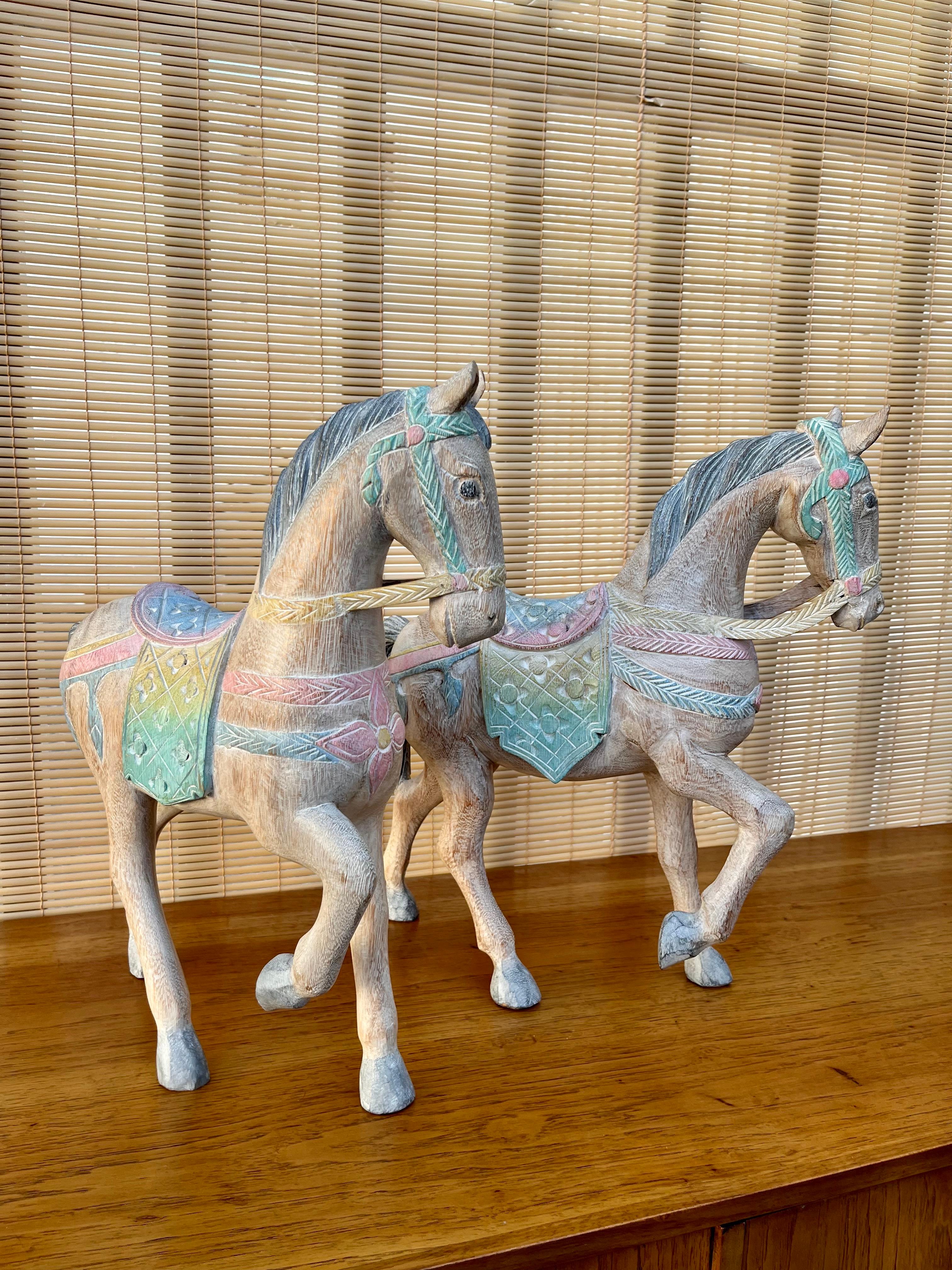 Hand-Carved Pair of Large Late 20th Century Thai Hand Carved Wooden Horse Sculptures For Sale
