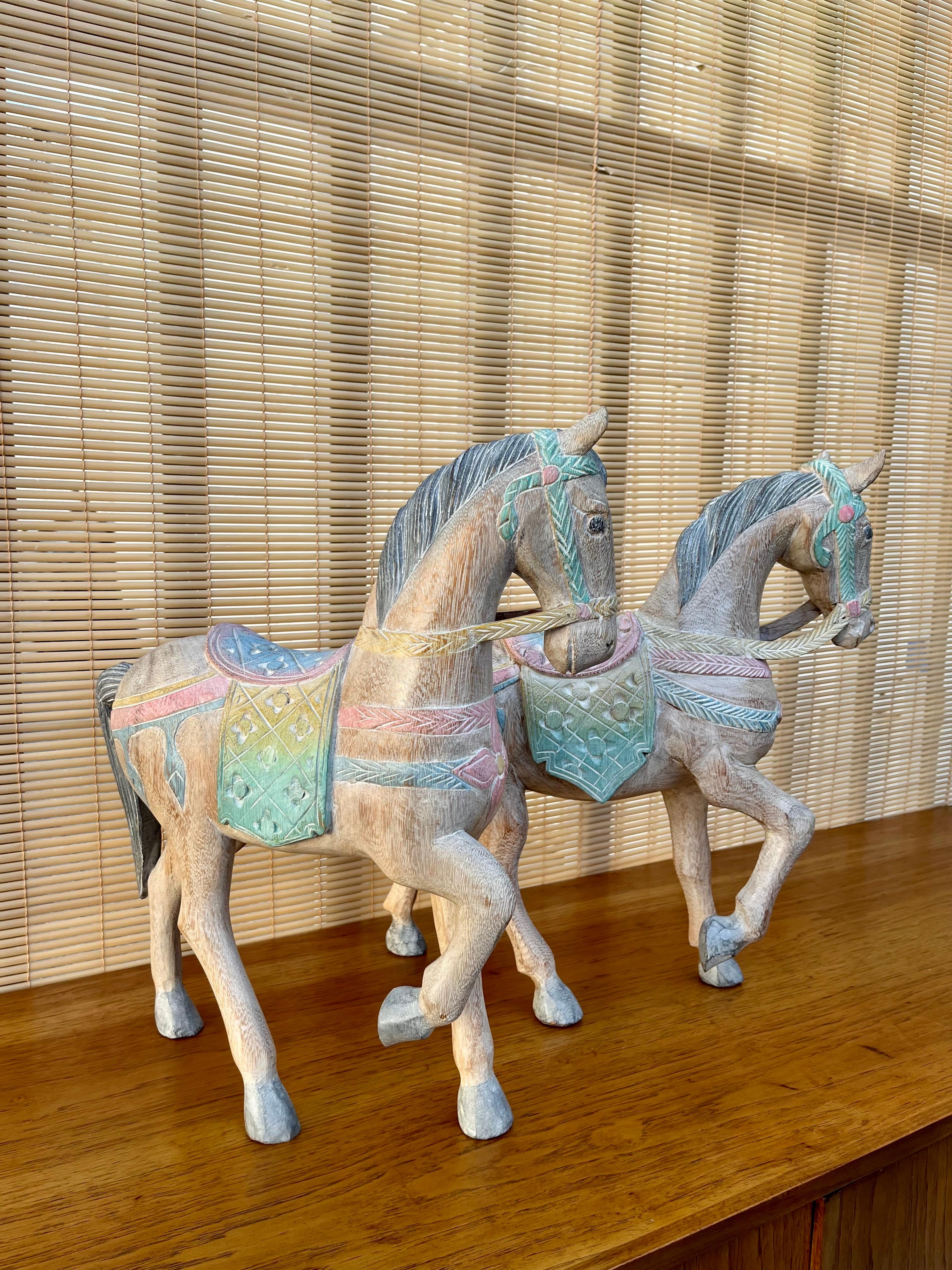 Pair of Large Late 20th Century Thai Hand Carved Wooden Horse Sculptures In Good Condition For Sale In Miami, FL