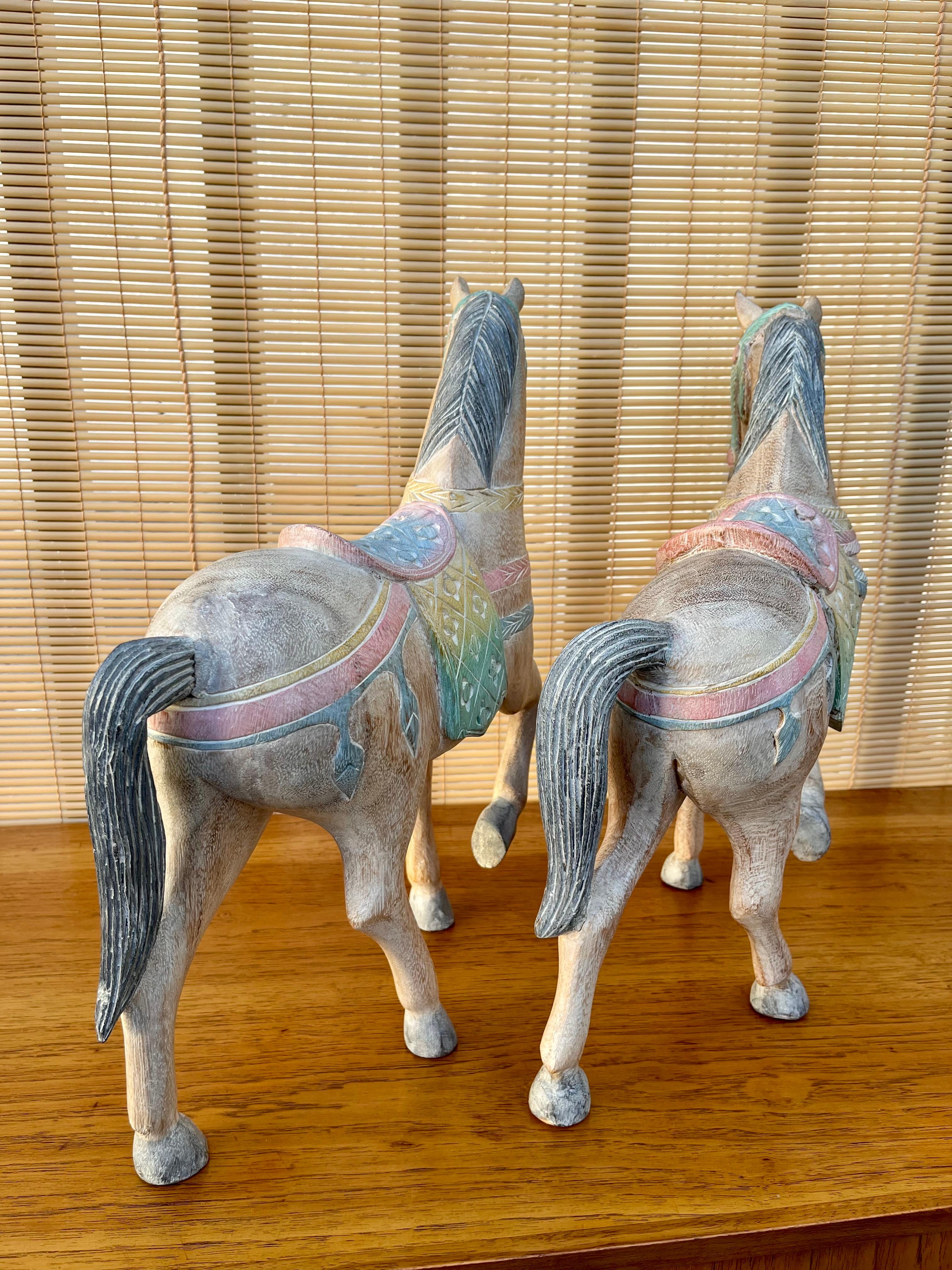 Pair of Large Late 20th Century Thai Hand Carved Wooden Horse Sculptures For Sale 1