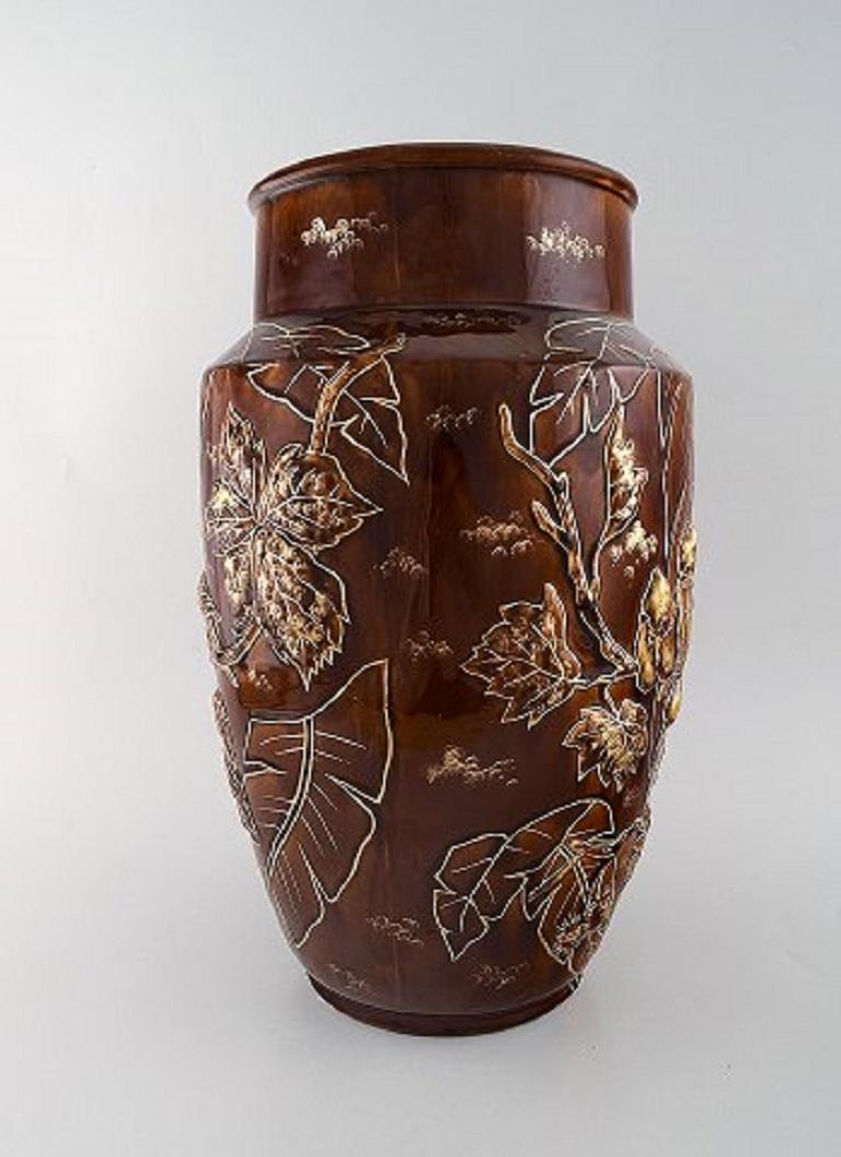 Art Deco Pair of Large Longchamp Majolica Vases in Reddish Brown Glaze, 1920s