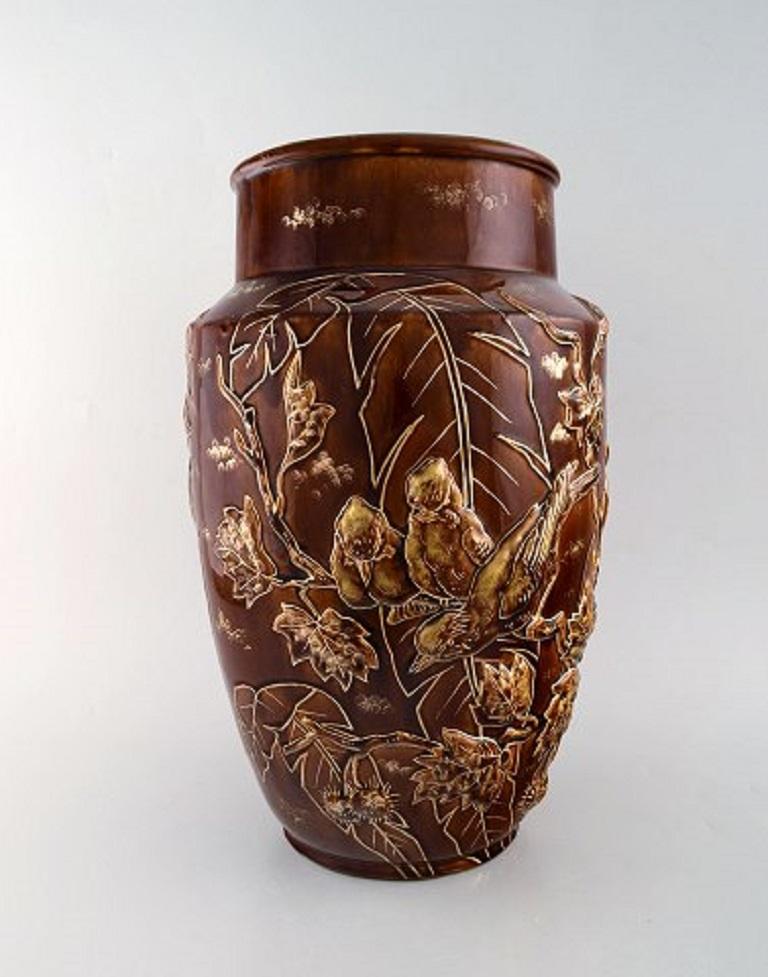 French Pair of Large Longchamp Majolica Vases in Reddish Brown Glaze, 1920s