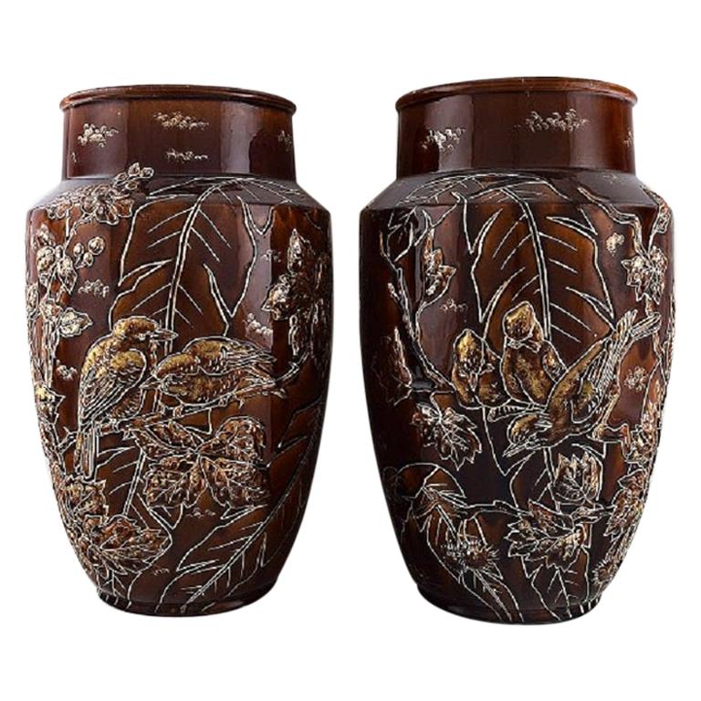 Pair of Large Longchamp Majolica Vases in Reddish Brown Glaze, 1920s