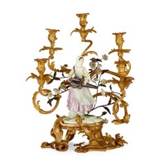 Pair of Large Louis XV Style Gilt-Bronze and Samson Porcelain Candelabra