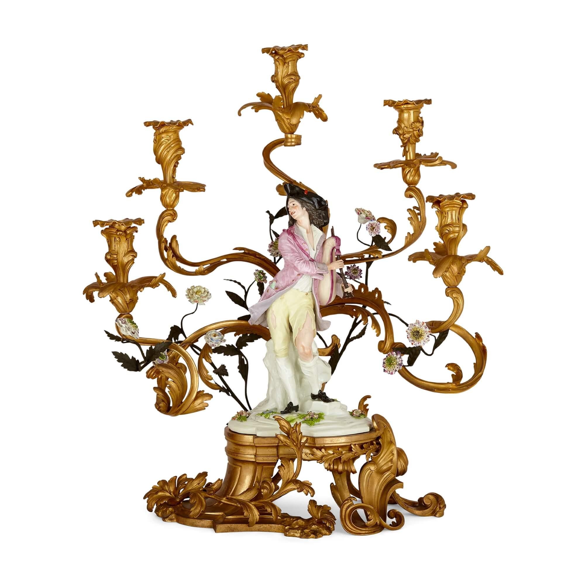 French Pair of Large Louis XV Style Gilt-Bronze and Samson Porcelain Candelabra For Sale