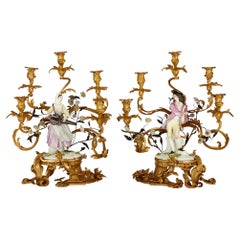 Used Pair of Large Louis XV Style Gilt-Bronze and Samson Porcelain Candelabra