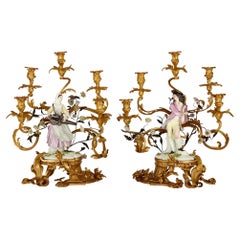 Pair of Large Louis XV Style Gilt-Bronze and Samson Porcelain Candelabra