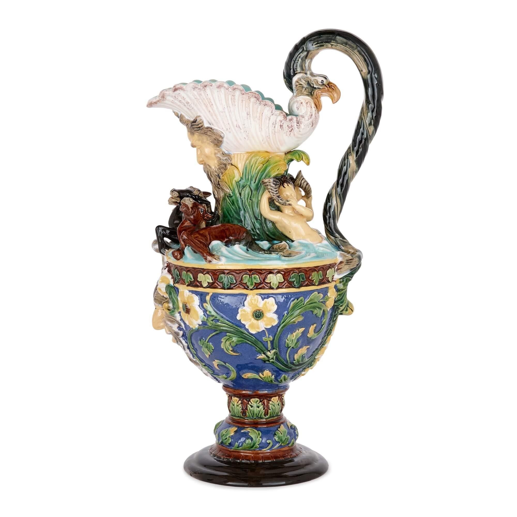 Bohemian Pair of Large Majolica Ewers by Wilhelm Schiller Und Söhne For Sale