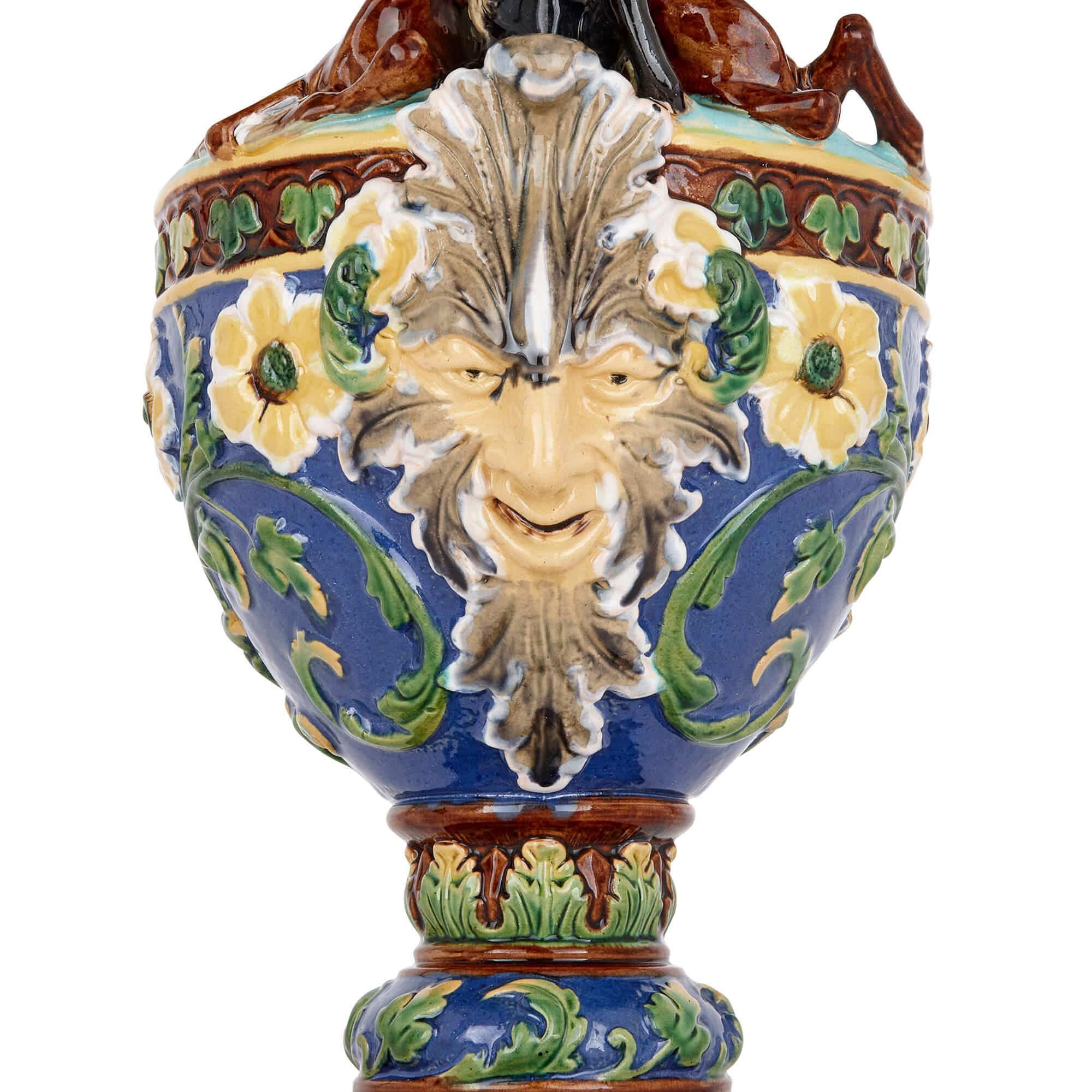 19th Century Pair of Large Majolica Ewers by Wilhelm Schiller Und Söhne For Sale
