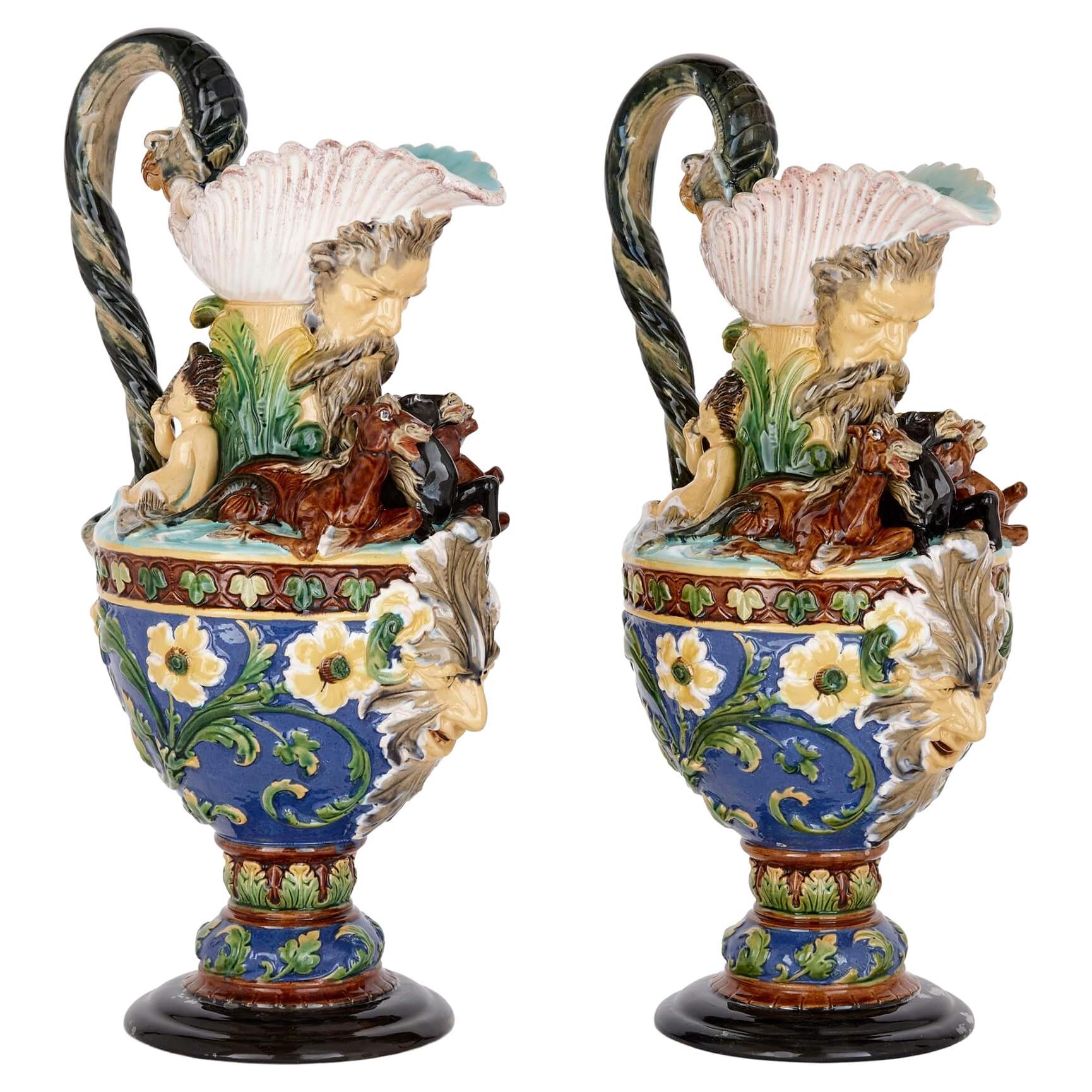 Pair of Large Majolica Ewers by Wilhelm Schiller Und Söhne For Sale