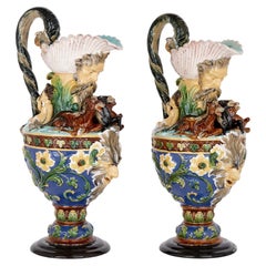 Pair of Large Majolica Ewers by Wilhelm Schiller Und Söhne