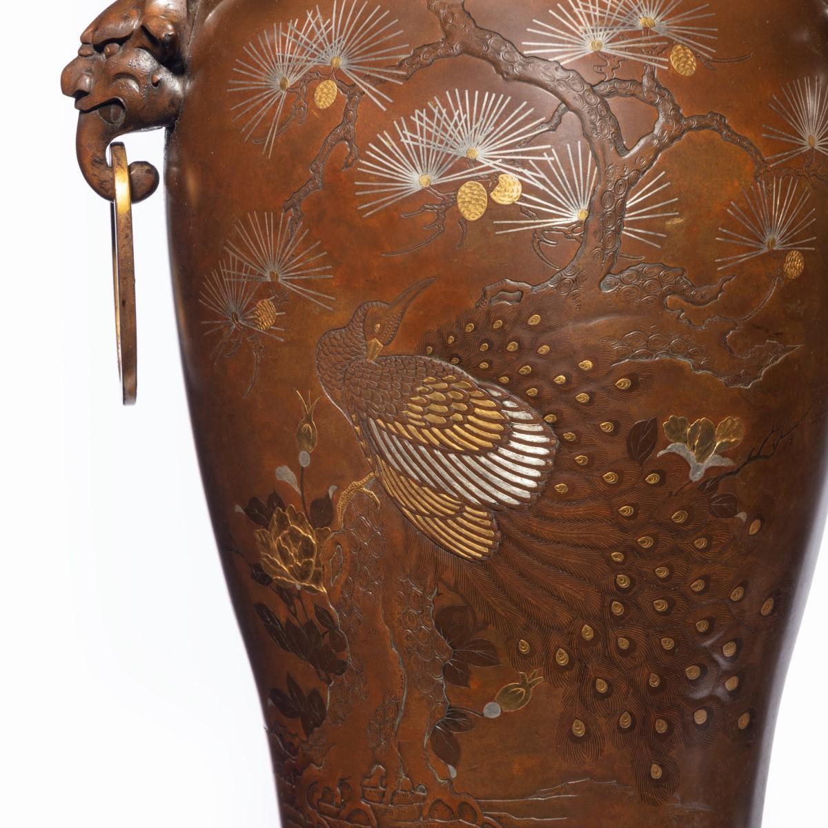 Japanese Pair of Large Meiji Period Bronze Vases For Sale