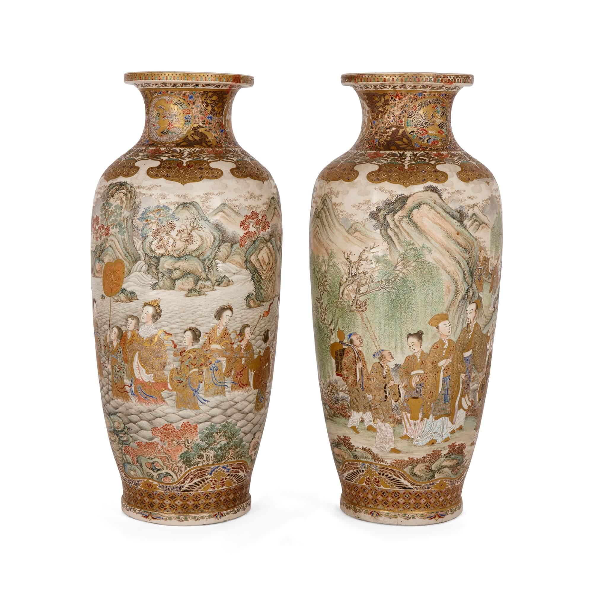 A pair of large Meiji period Satsuma Rouleau vases
Japanese, Late 19th Century
Height 54.5cm, diameter 24cm

These beautiful Satsuma-ware vases were made during the Meiji period, in this distinctive and wonderful style, and in Rouleau vase form.