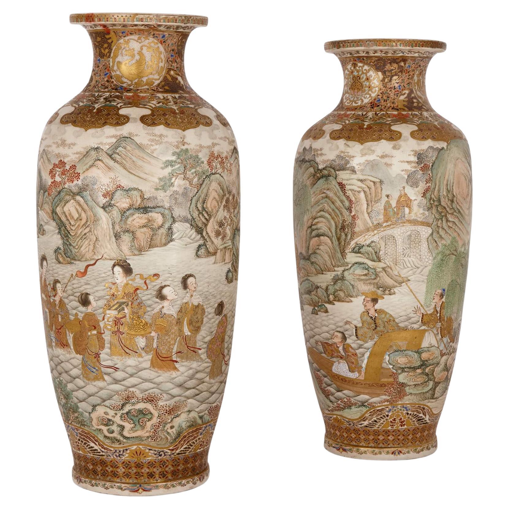 A pair of large Meiji period Satsuma Rouleau vases