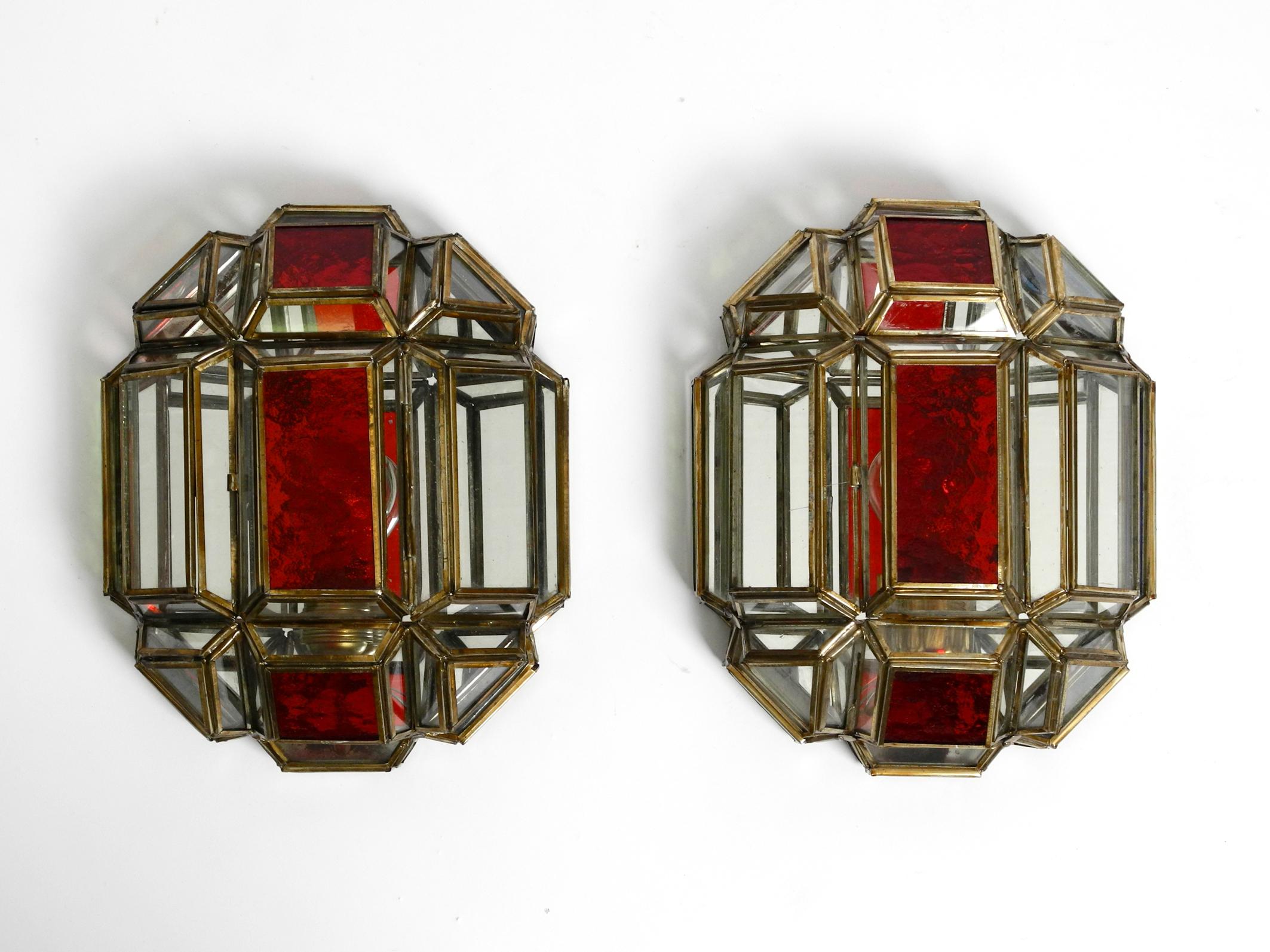 Pair of Large Mid Century Stained Glass Grenadina Sconces with Brass Bases 13