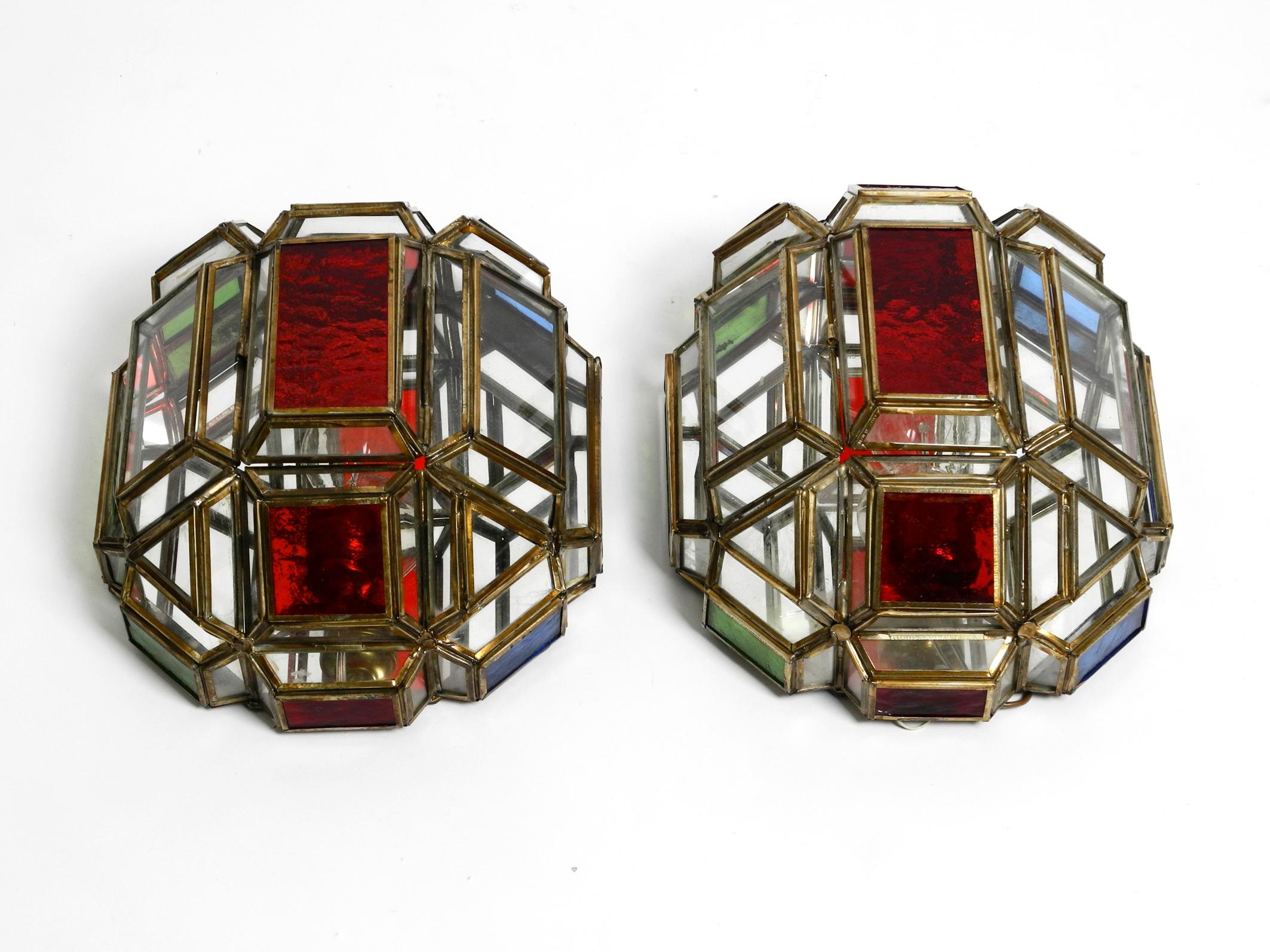 Pair of Large Mid Century Stained Glass Grenadina Sconces with Brass Bases 14