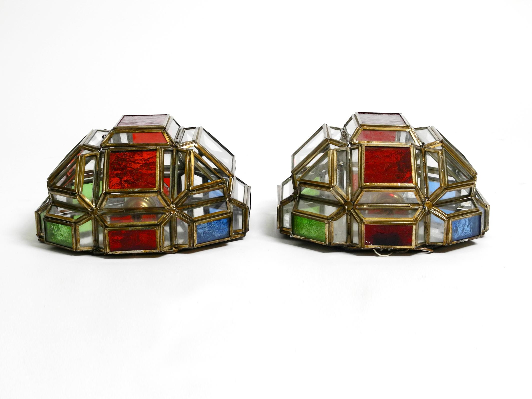 Spanish Pair of Large Mid Century Stained Glass Grenadina Sconces with Brass Bases