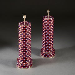 Pair of Large Midcentury Cloisonné Lamps with Pop Art Design in Red and Blue