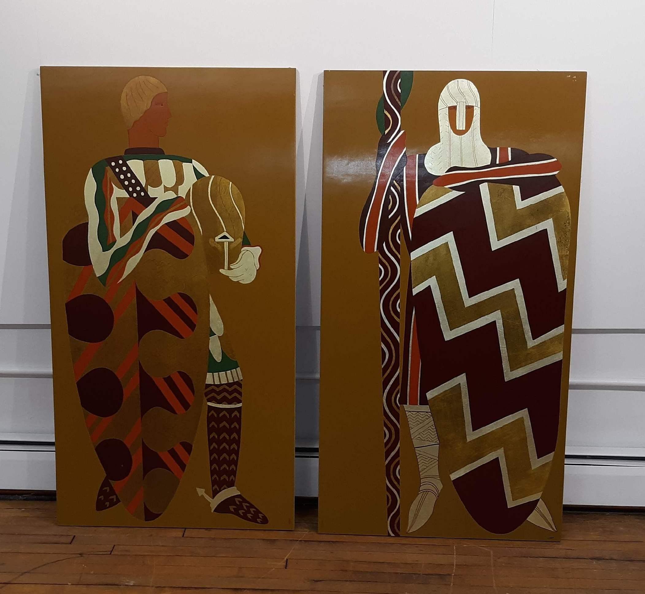 American Pair of Large Modernist Medieval Gold Leaf Paintings of Knights, 1960's