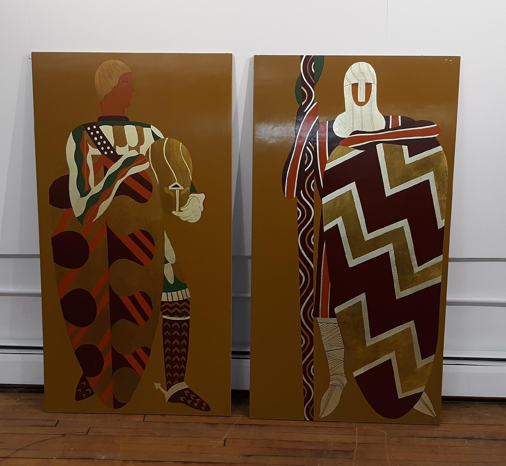 Pair of Large Modernist Medieval Gold Leaf Paintings of Knights, 1960's In Excellent Condition In Lambertville, NJ