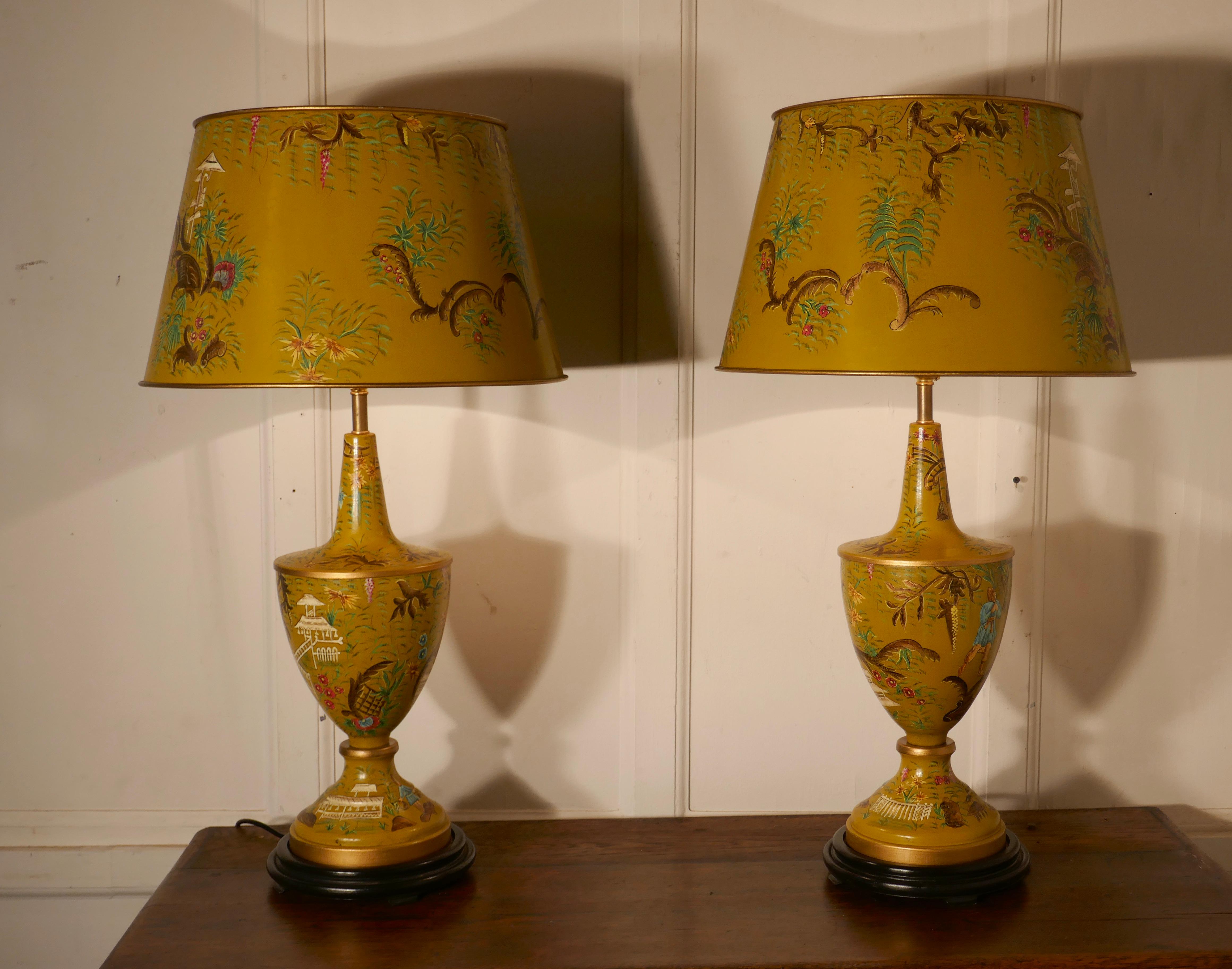 Late 20th Century Pair of Large Mustard Yellow Chinoiserie Toleware Table Lamps