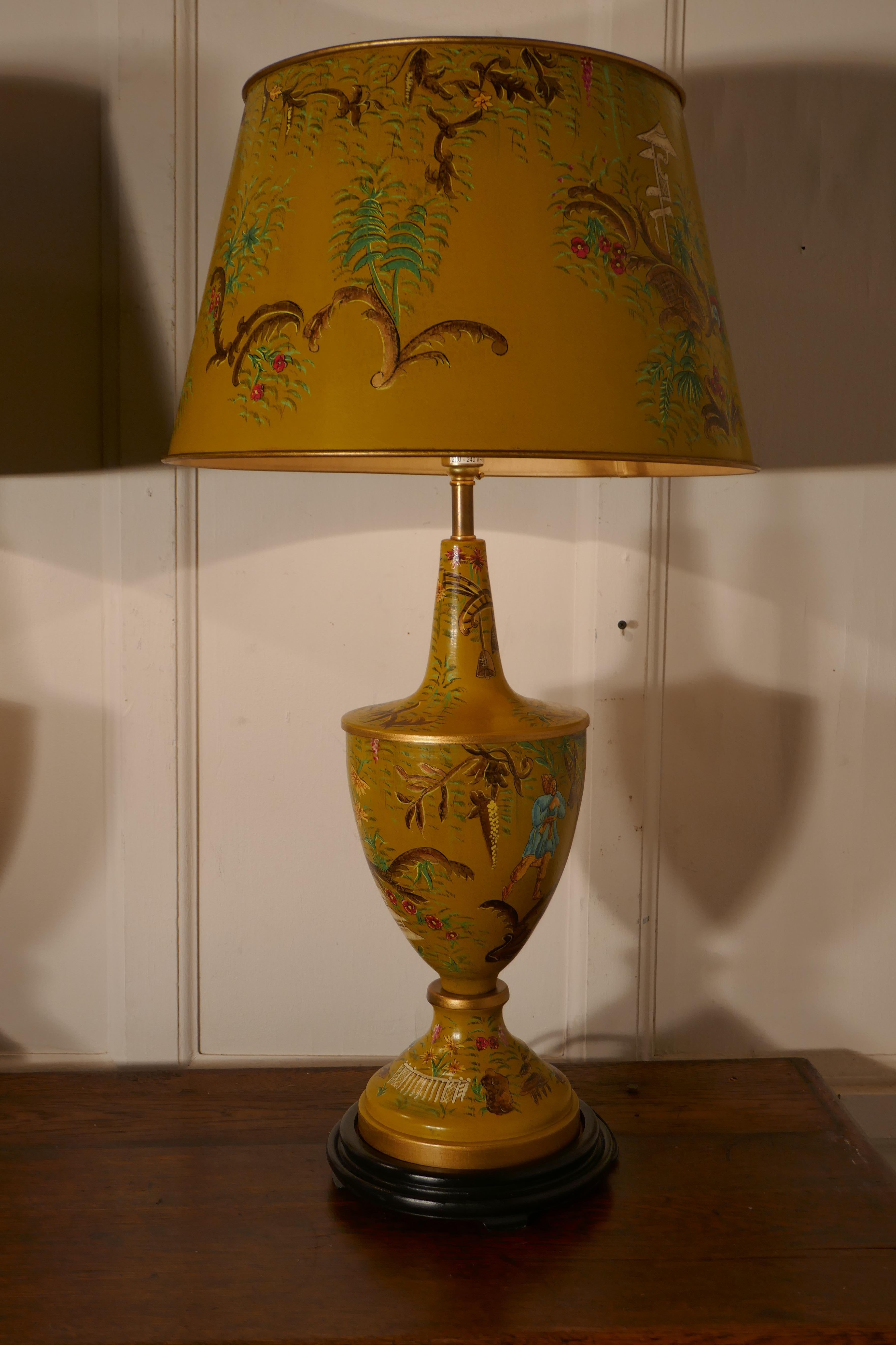 Tôle Pair of Large Mustard Yellow Chinoiserie Toleware Table Lamps