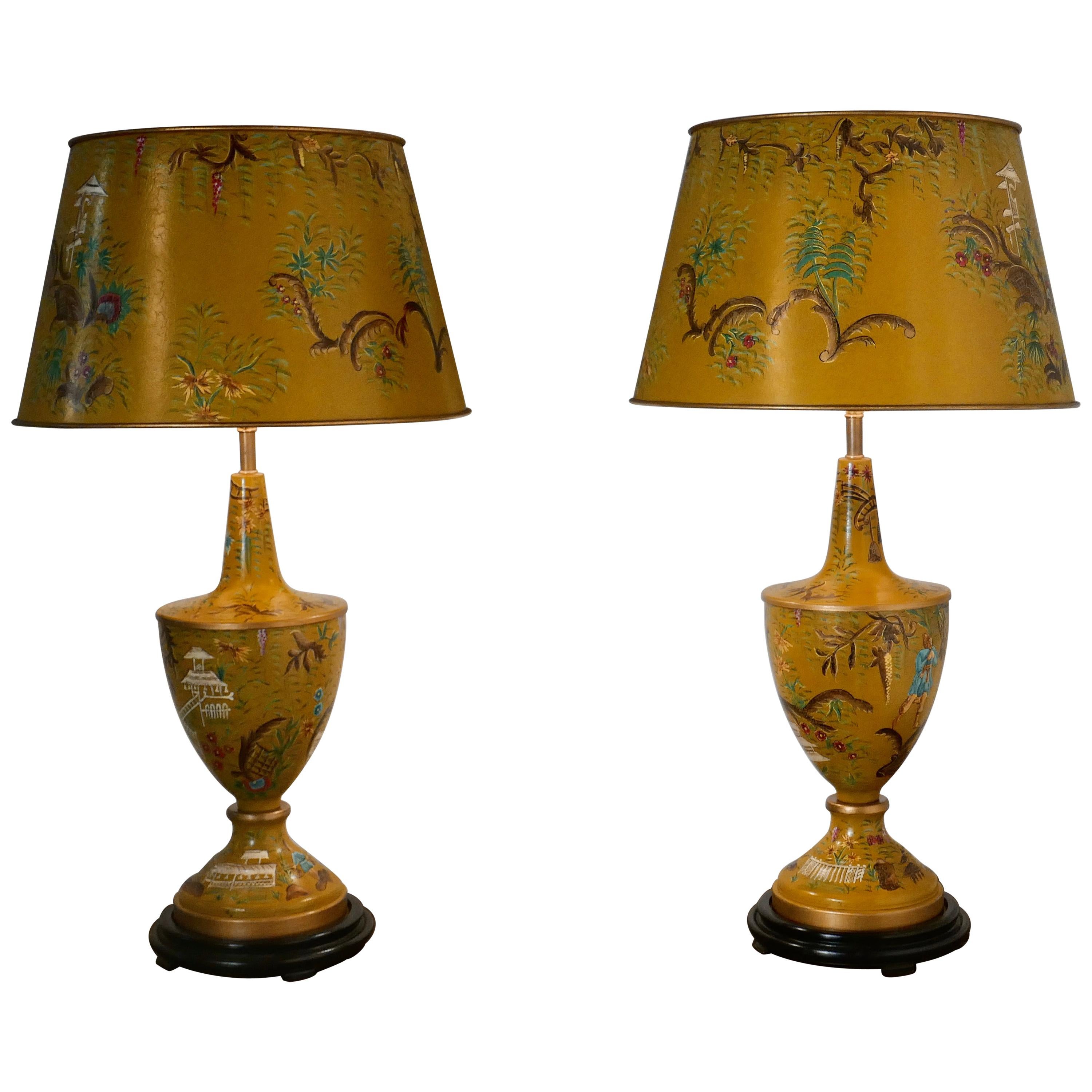 Pair of Large Mustard Yellow Chinoiserie Toleware Table Lamps at 1stDibs