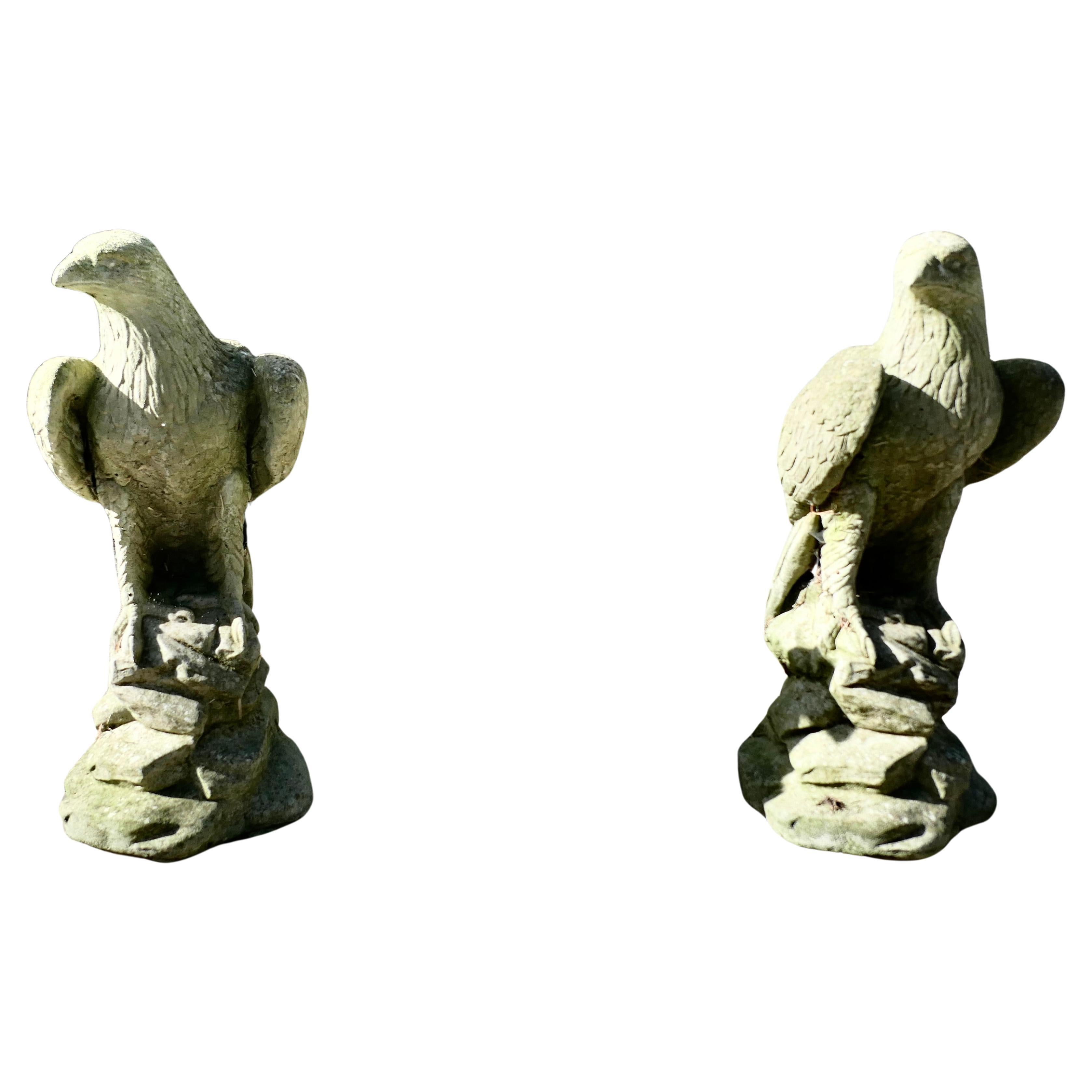 Coppia di grandi statue d'aquila o di cappucci per pilastri, danneggiati dagli agenti atmosferici in vendita