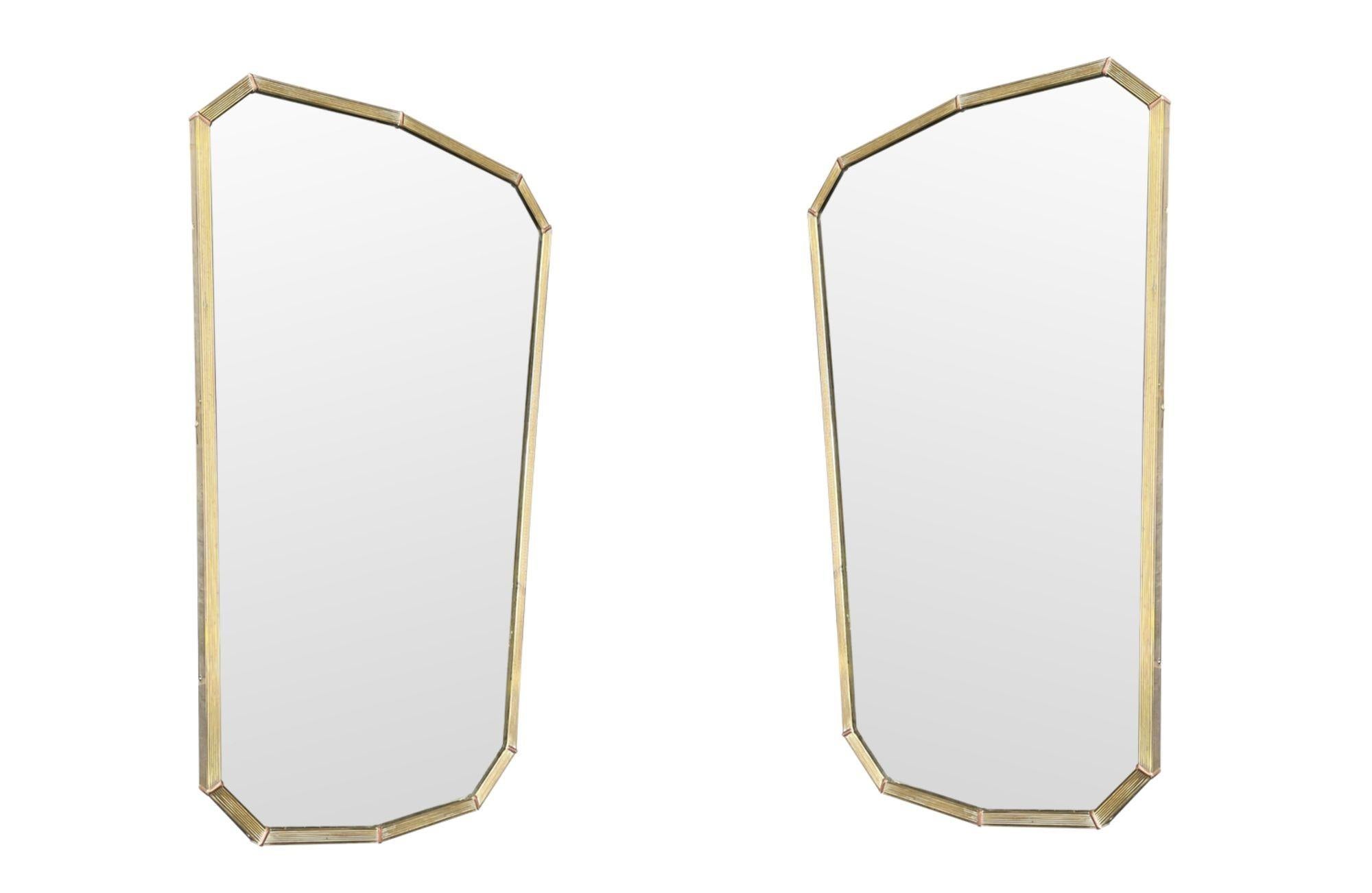 Brass Pair of Large Orignal 1950s Italian Shield Mirrors with Copper Corner Detail