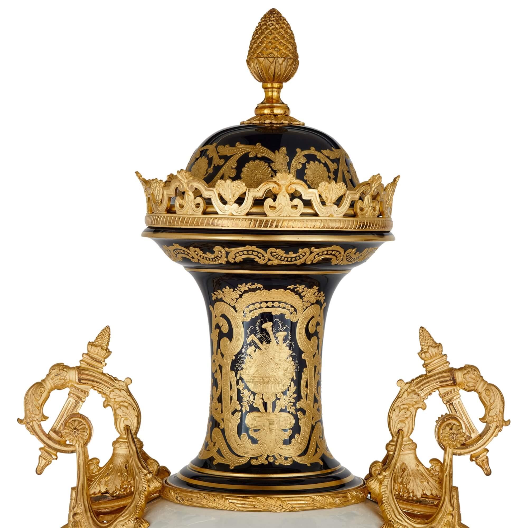 French Pair of Large Ormolu Mounted Sèvres Style Porcelain Vases For Sale