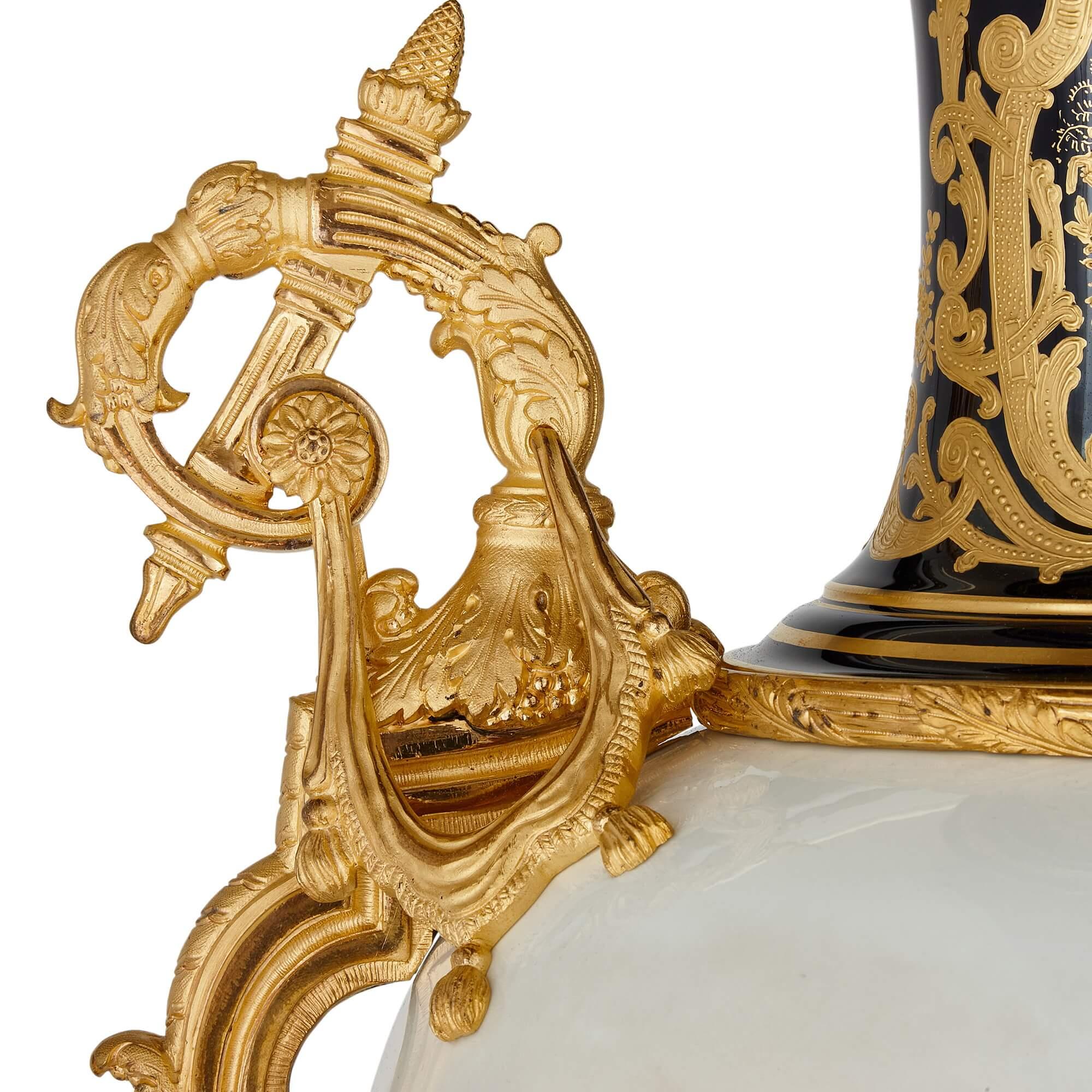 Gilt Pair of Large Ormolu Mounted Sèvres Style Porcelain Vases For Sale