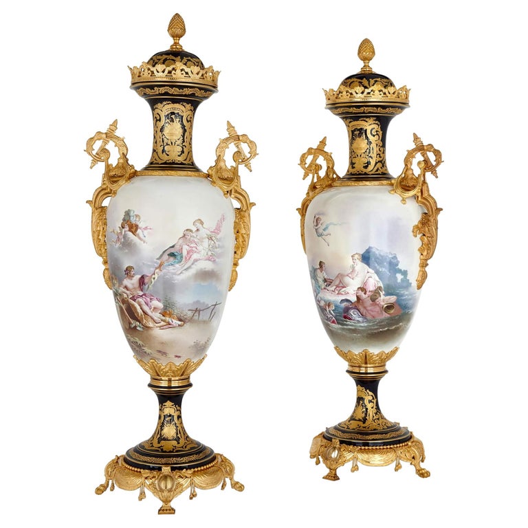 Pair of Large Ormolu Mounted Sèvres Style Porcelain Vases For Sale at