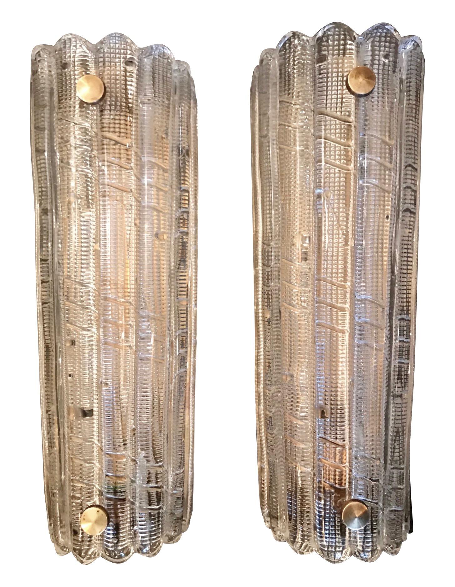 Pair of Large Orrefors Glass Wall Sconces by Carl Fagerlund with Brass Plates 5