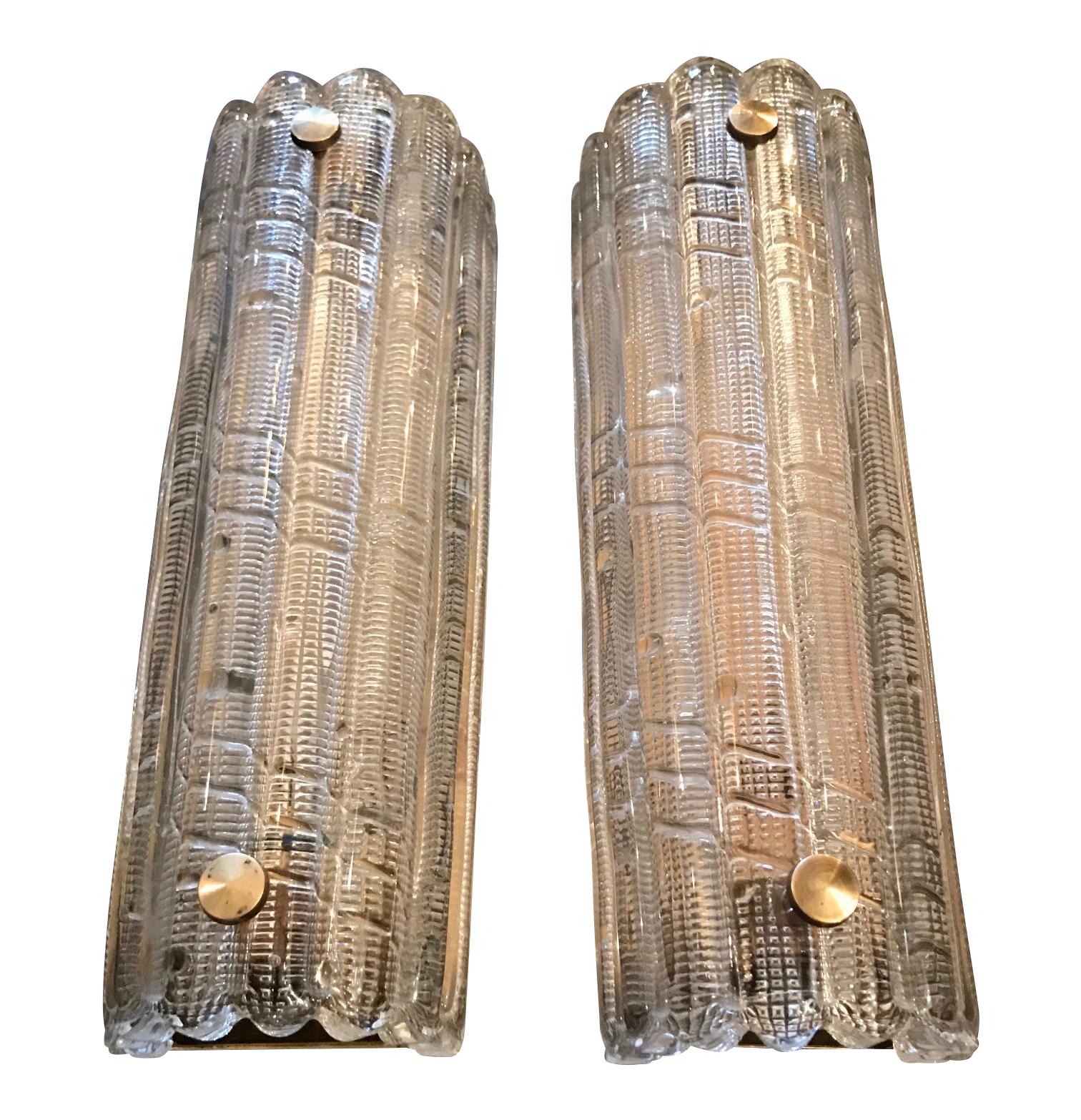 Mid-Century Modern Pair of Large Orrefors Glass Wall Sconces by Carl Fagerlund with Brass Plates