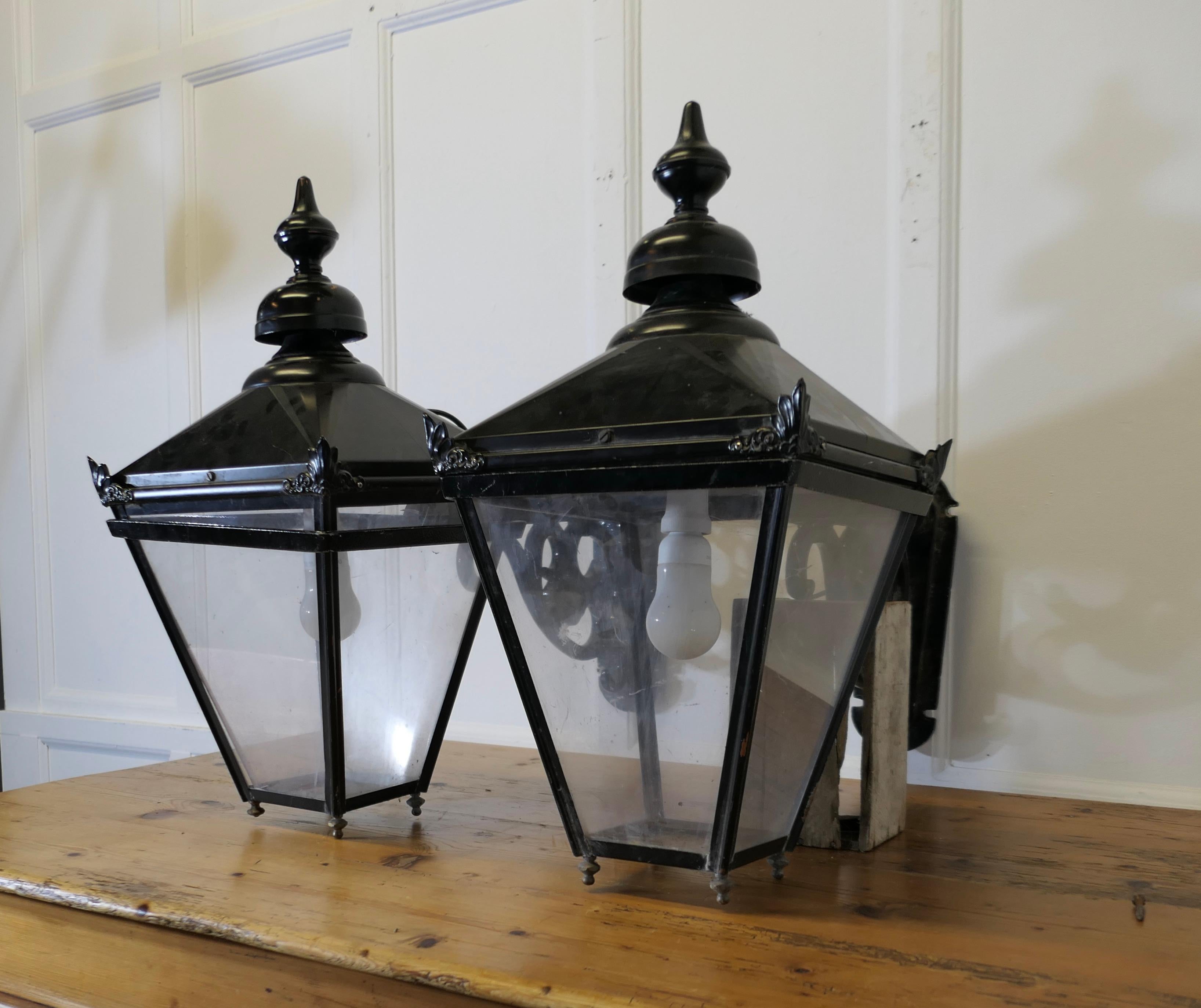 A Pair of Large Painted Copper Wall Hung Pub Lanterns  These are old pub lights For Sale 1