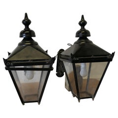 A Pair of Large Painted Copper Wall Hung Pub Lanterns  These are old pub lights