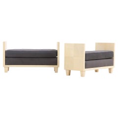 A pair of large parchment covered upholstered benches. A pair of large parchment covered upholstered benches.