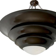 A pair of Large Pendant Bronze & Alabaster Light Fixtures. Sold Individually.