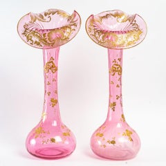 Pair of Large Pink Crystal Tulip Vases, 19th Century