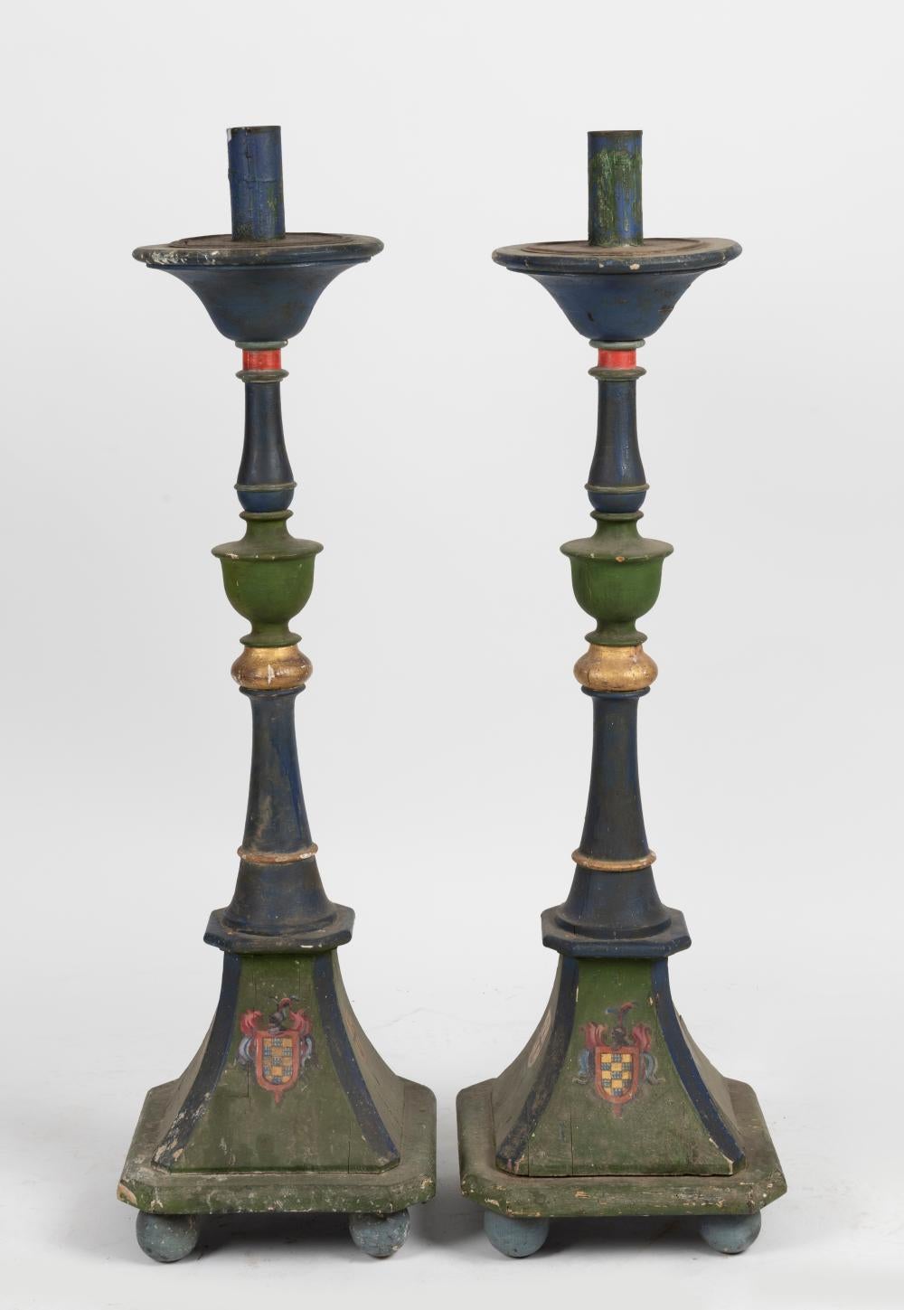 A Pair of Large Polychrome Spanish Torcheres, Early 20th Century

In a distressed finish featuring heraldic motifs to the bases. Home decor and interior design.

Provenance: Private Australian Collection.

Dimensions:
Height: 132cm.
Width: