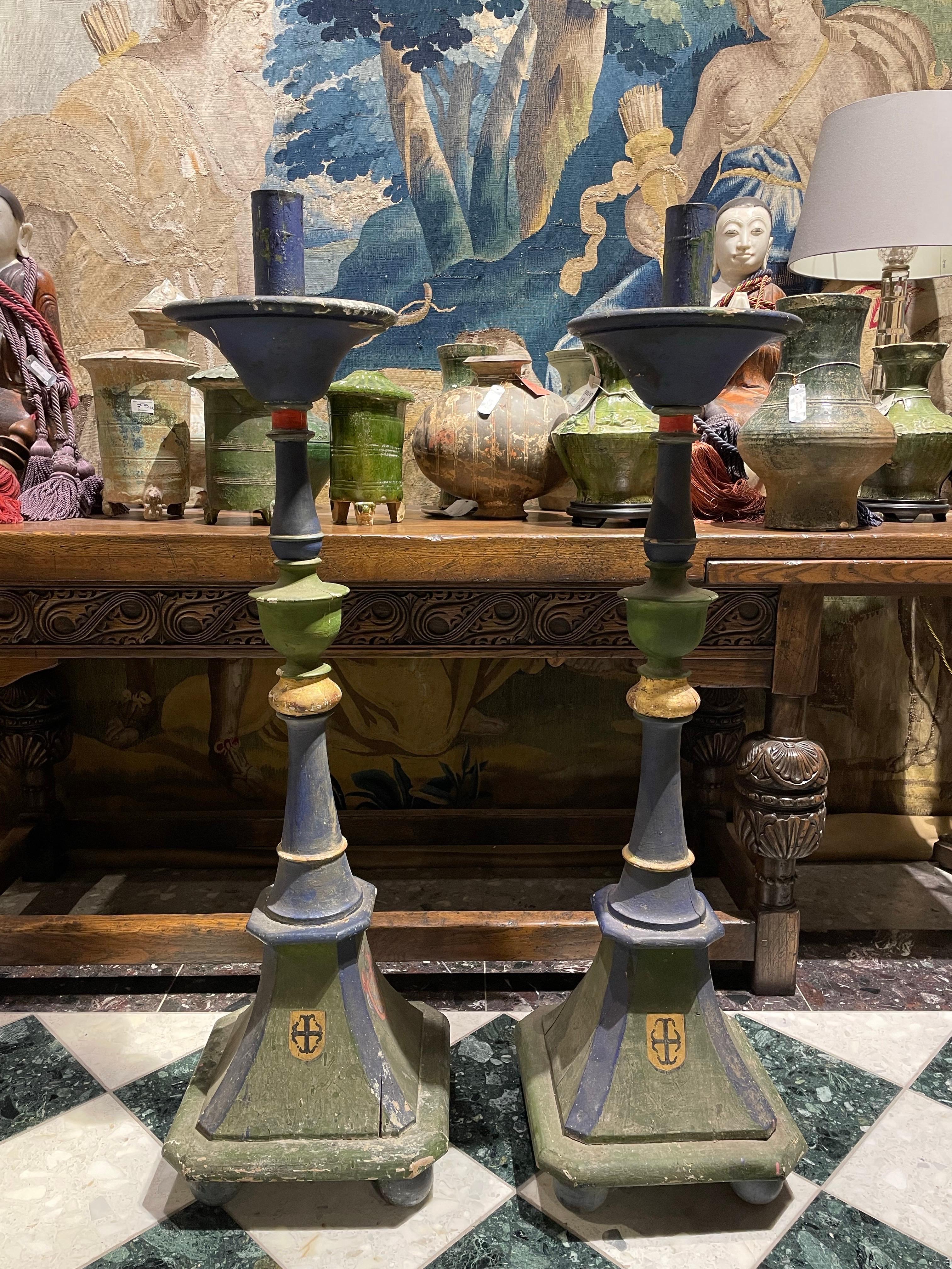 Polychromed A Pair of Large Polychrome Spanish Torcheres, Early 20th Century For Sale