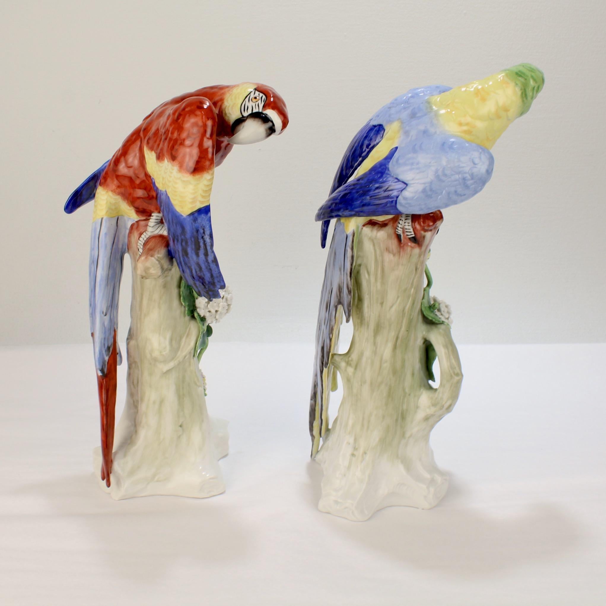 Modern Pair of Large Polychrome Vintage Sitzendorf Porcelain Macaw Parrot Figurines